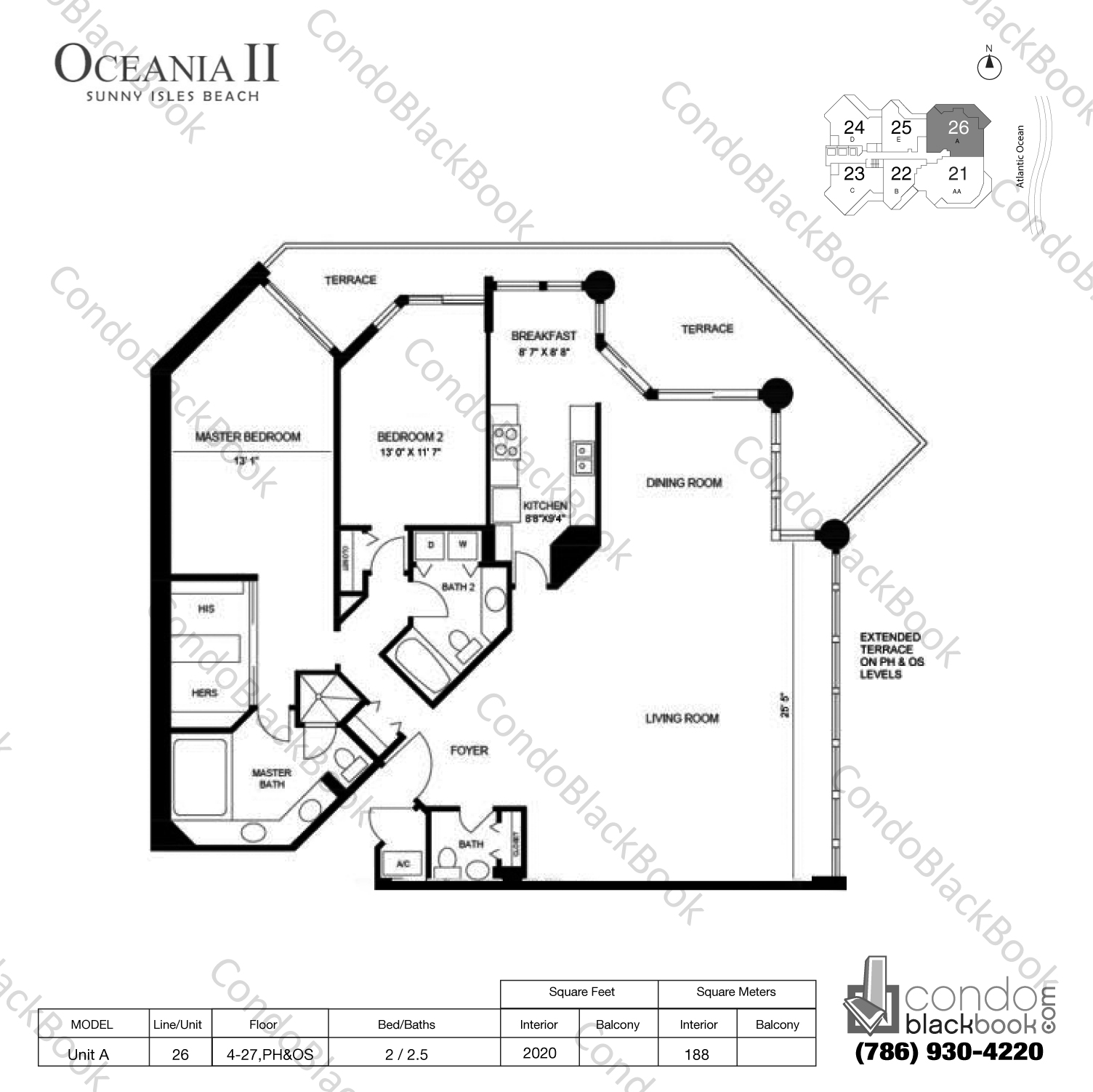Floor plan for Oceania II Sunny Isles Beach, model Unit A, line 26, 2 / 2.5 bedrooms, 2020 sq ft