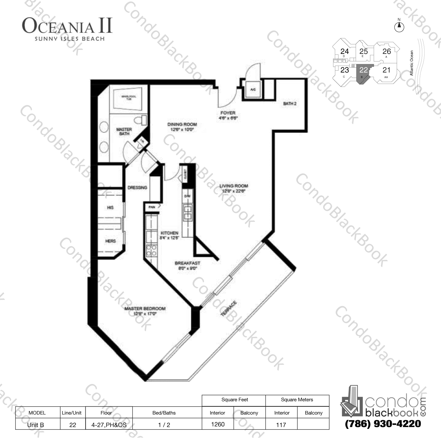 Floor plan for Oceania II Sunny Isles Beach, model Unit B, line 22, 1 / 2 bedrooms, 1260 sq ft