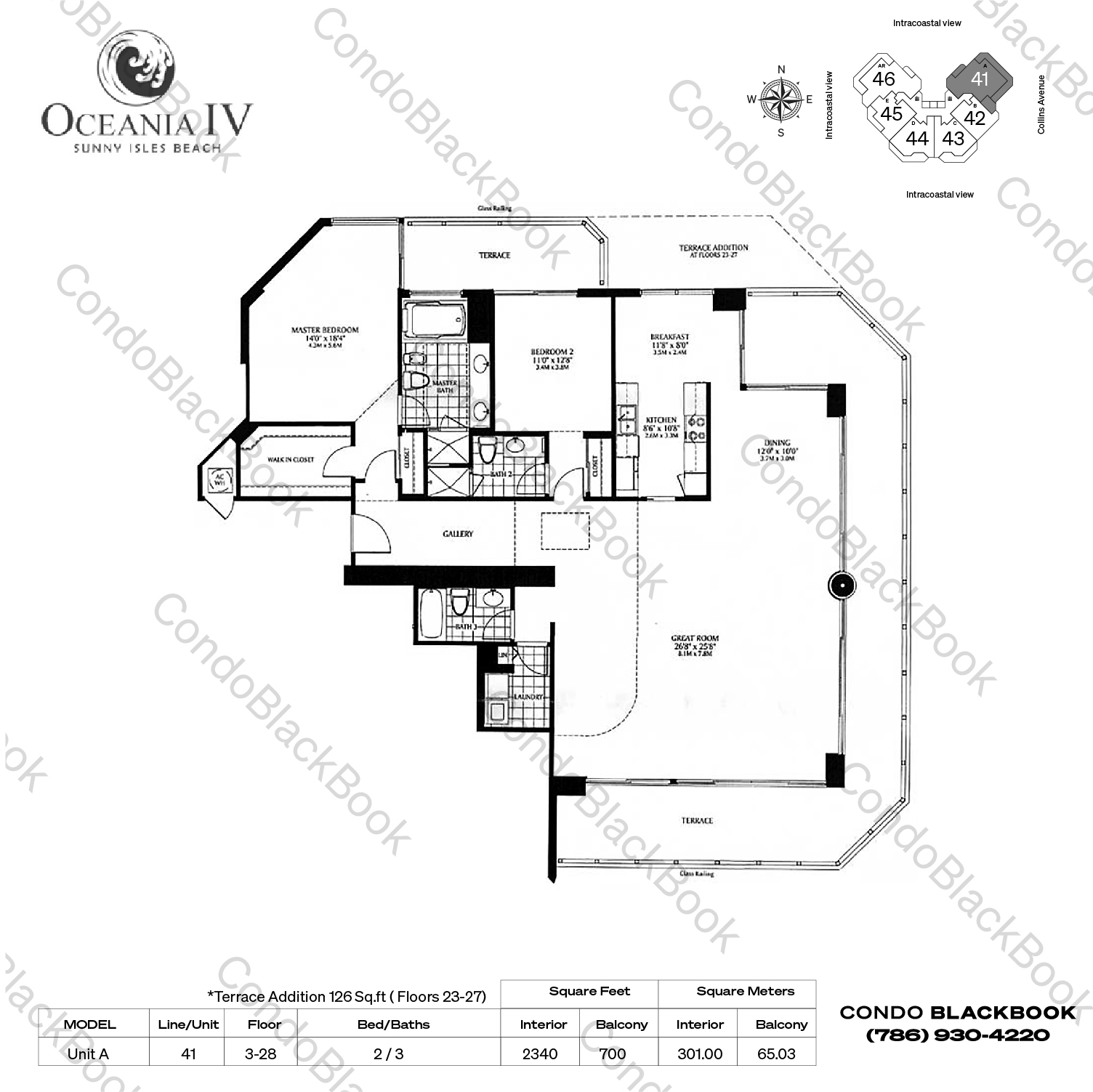 Floor plan for Oceania IV Sunny Isles Beach, model Unit A, line 41, 2 / 3 bedrooms, 2340 sq ft