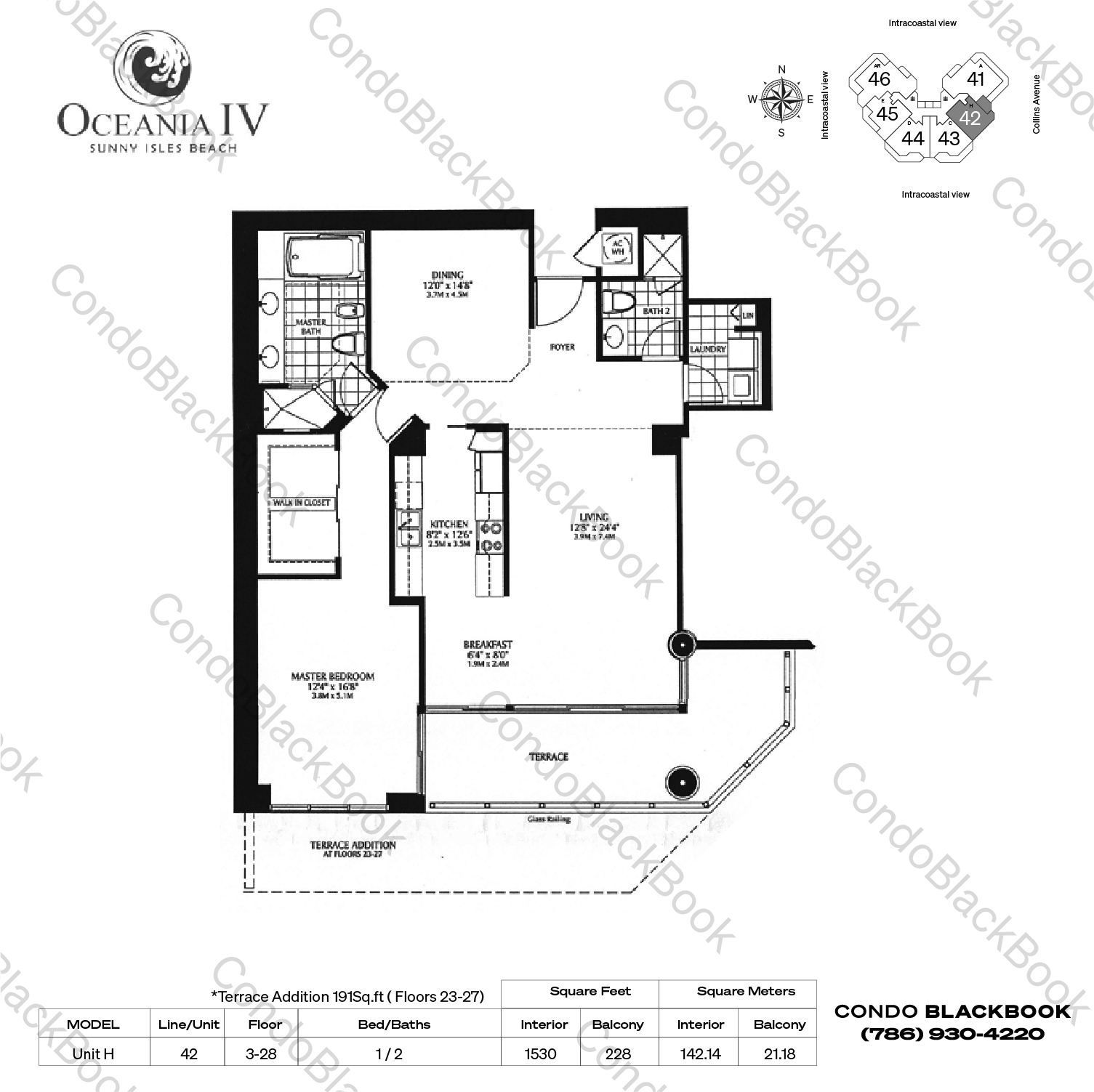 Floor plan for Oceania IV Sunny Isles Beach, model Unit B, line 42, 2 / 2 bedrooms, 1530 sq ft