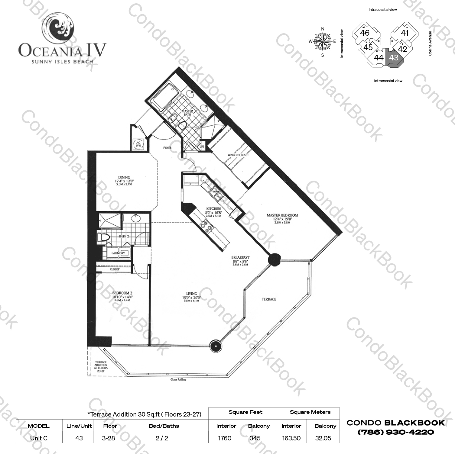 Floor plan for Oceania IV Sunny Isles Beach, model Unit C, line 43, 2 / 2 bedrooms, 1760 sq ft