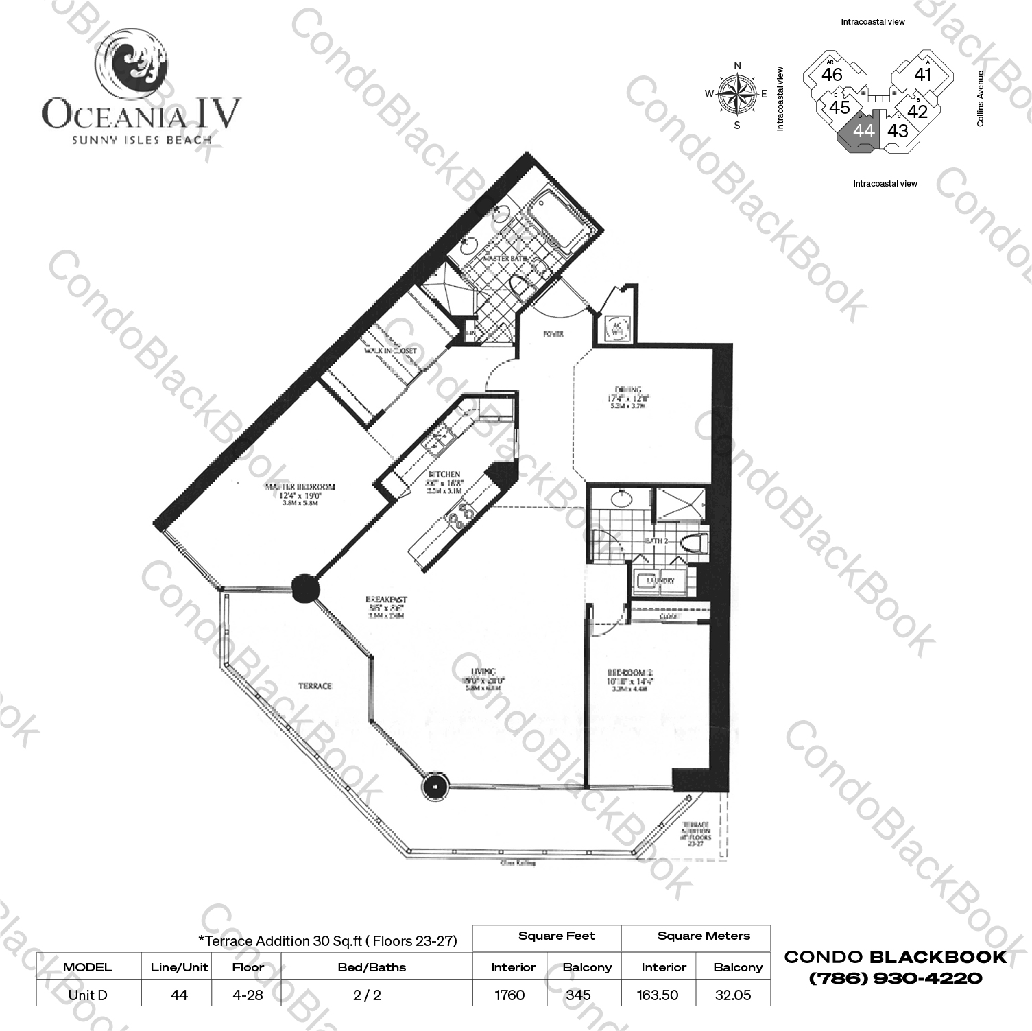 Floor plan for Oceania IV Sunny Isles Beach, model Unit D, line 44, 2 / 2 bedrooms, 1760 sq ft