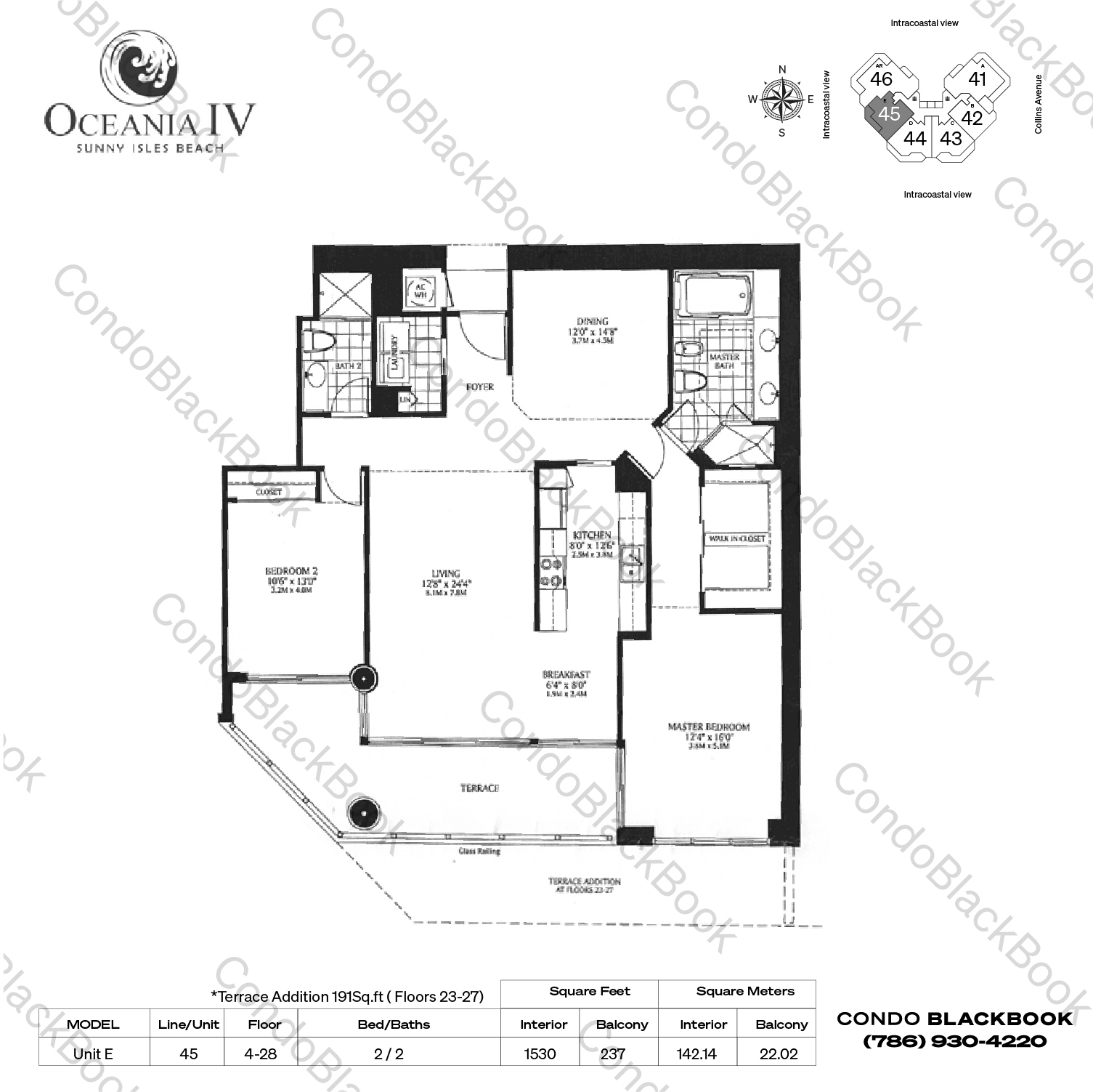 Floor plan for Oceania IV Sunny Isles Beach, model Unit E, line 45, 2 / 2 bedrooms, 1530 sq ft