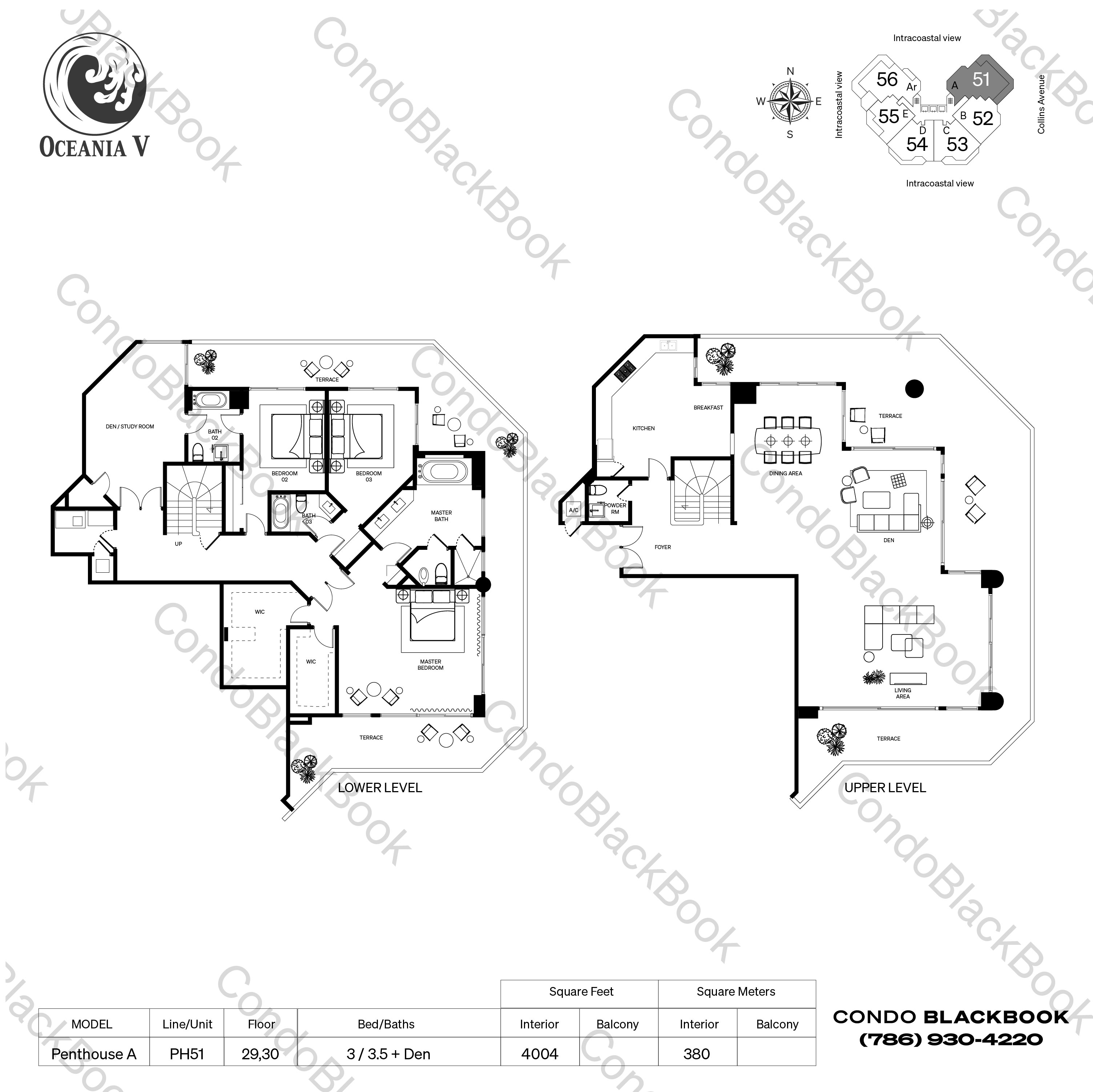Floor plan for Oceania V Sunny Isles Beach, model Penthouse A, line PH51,51, 3 / 3.5 + Den bedrooms, 4004 sq ft