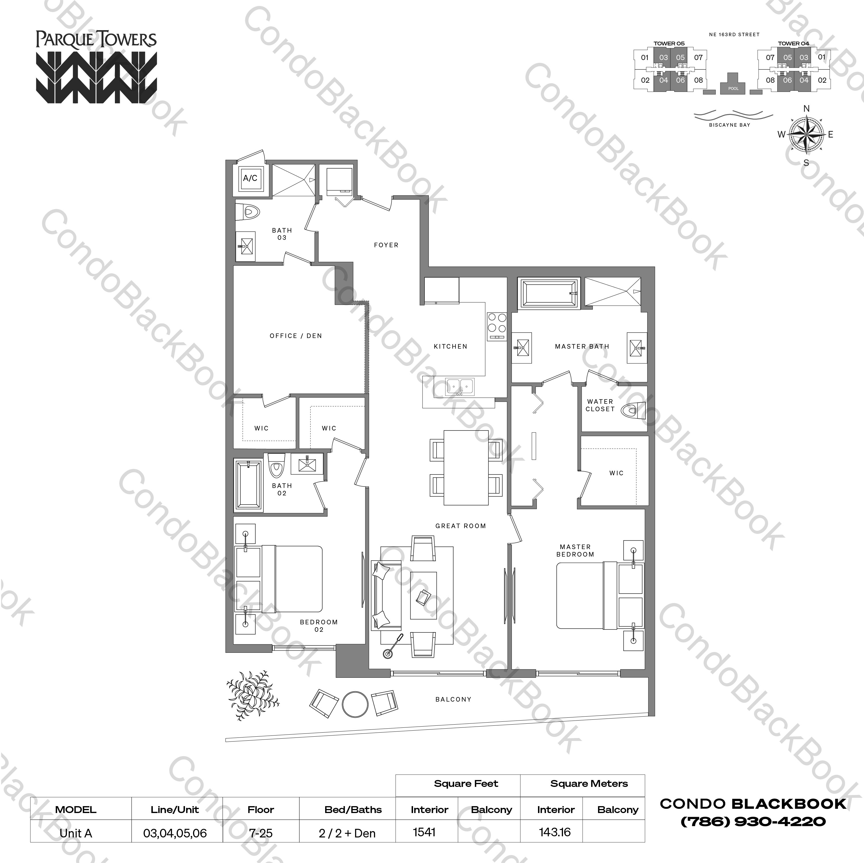 Floor plan for Parque Towers Sunny Isles Beach, model Unit A, line 03,04,05,06, 2 / 2 + Den bedrooms, 1541 sq ft
