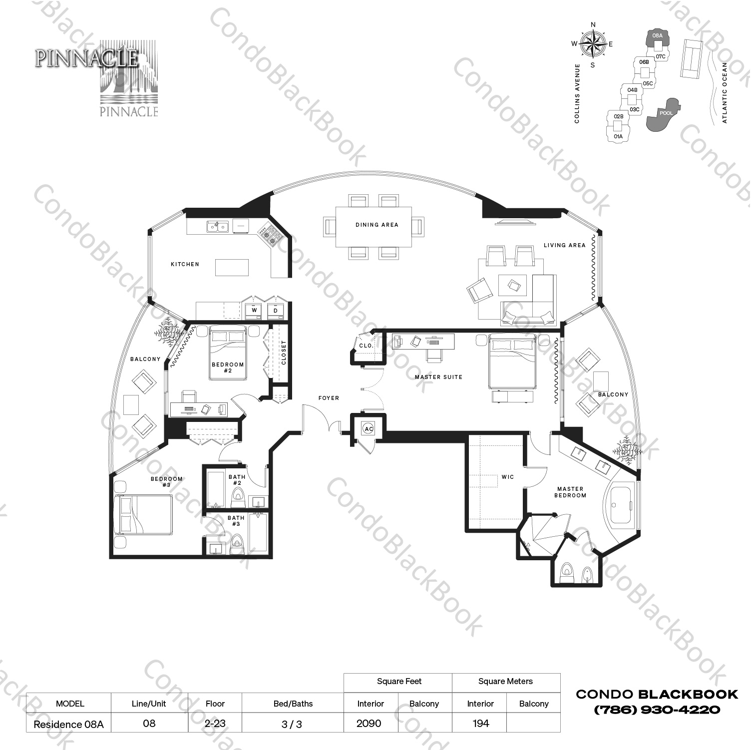 Floor plan for Pinnacle Sunny Isles Beach, model Residence 08A, line 08, 3 / 3 bedrooms, 2090 sq ft
