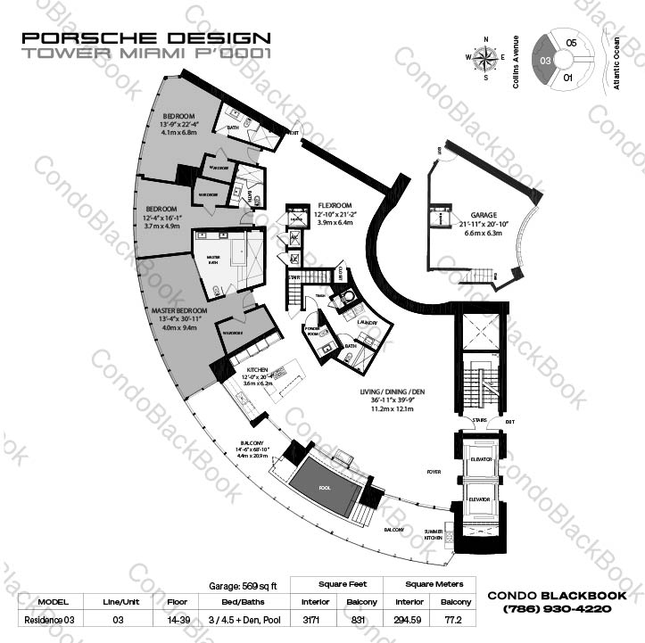 Floor plan for Porsche Design Tower Sunny Isles Beach, model Residence 03, line 03, 3 / 4.5 + Den bedrooms, 3171 sq ft