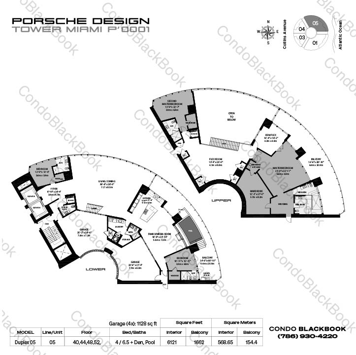 Floor plan for Porsche Design Tower Sunny Isles Beach, model Duplex 05, line 05, 4 / 6.5 + Den bedrooms, 6121 sq ft
