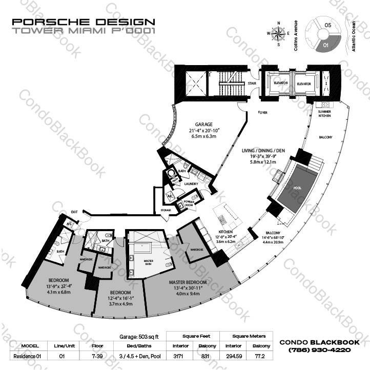 Floor plan for Porsche Design Tower Sunny Isles Beach, model Residence 01, line 01, 3 / 4.5 + Den bedrooms, 3171 sq ft