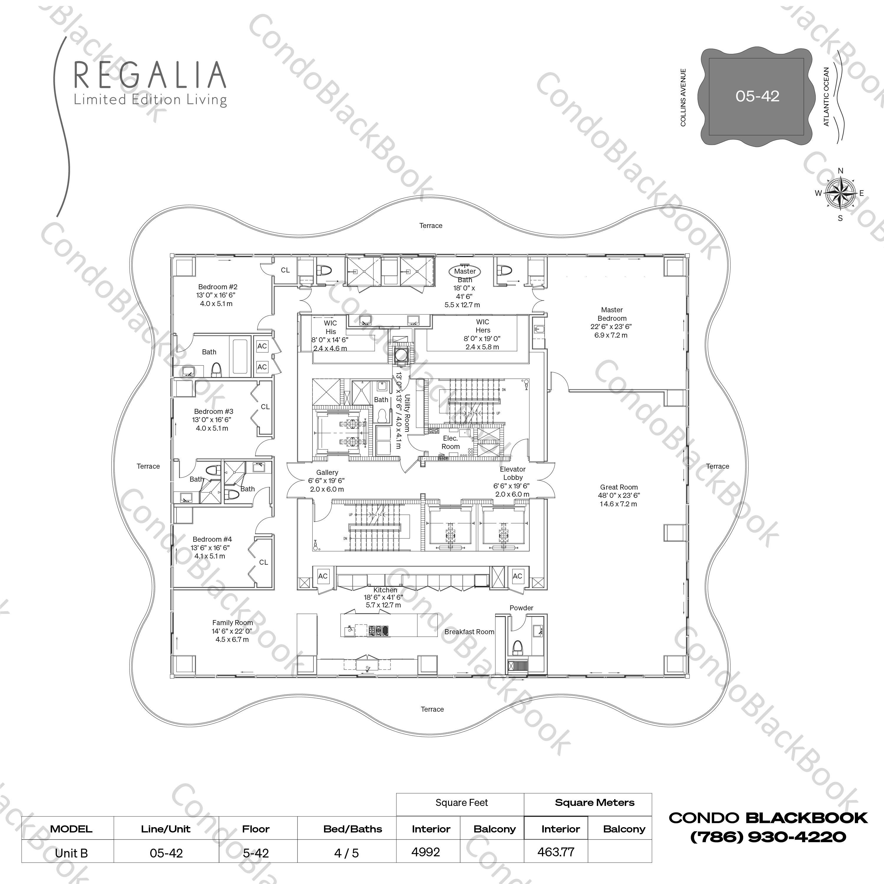 Floor plan for Regalia Sunny Isles Beach, model Unit B, line 05-42, 4 / 5 bedrooms, 4992 sq ft