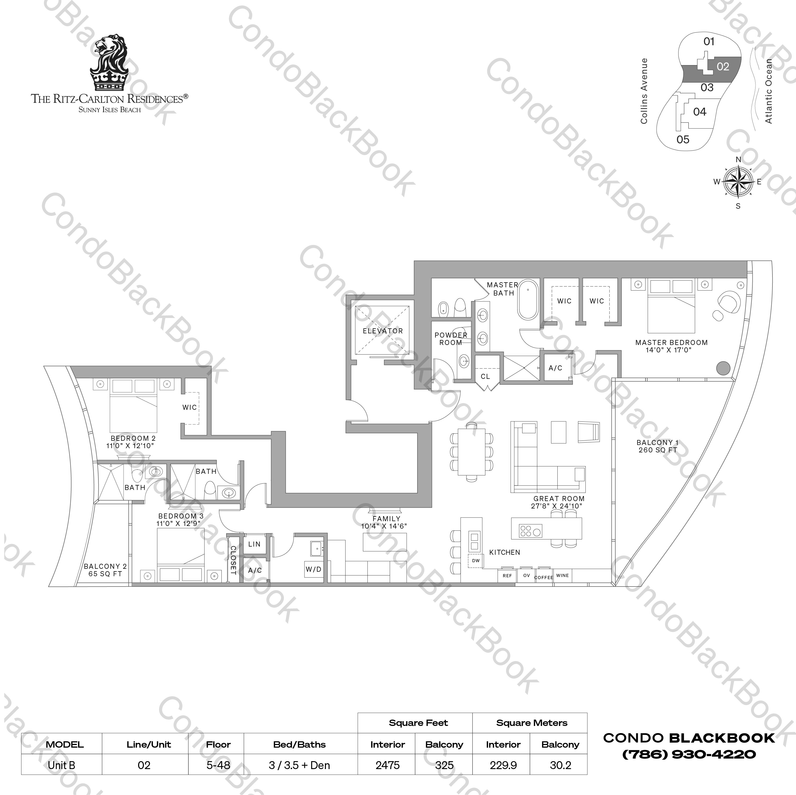 Floor plan for Ritz-Carlton Residences Sunny Isles Sunny Isles Beach, model Unit B, line 02, 3 / 3.5 + Den bedrooms, 2475 sq ft