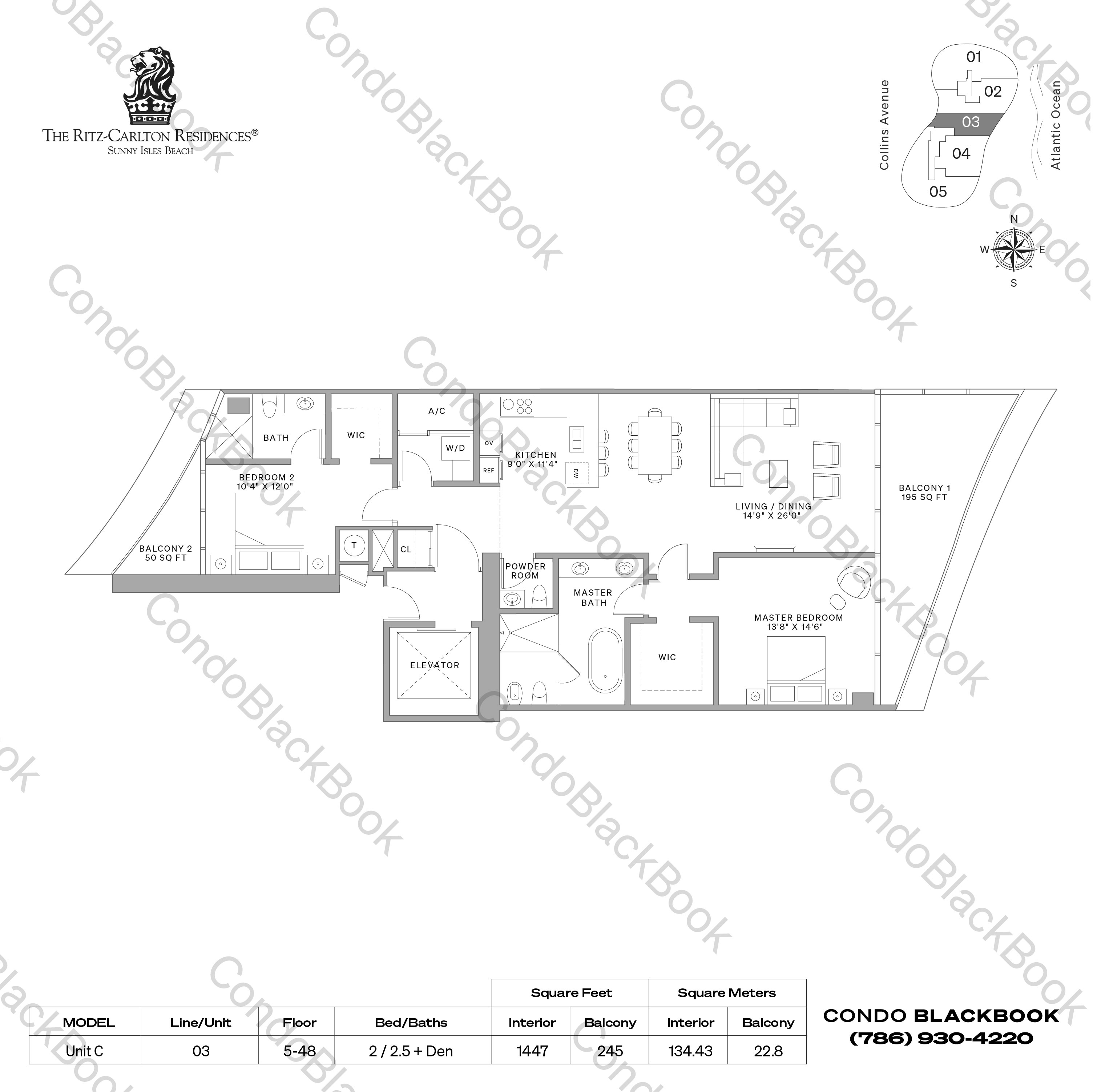 Floor plan for Ritz-Carlton Residences Sunny Isles Sunny Isles Beach, model Unit C, line 03, 2 / 2.5 + Den bedrooms, 1447 sq ft