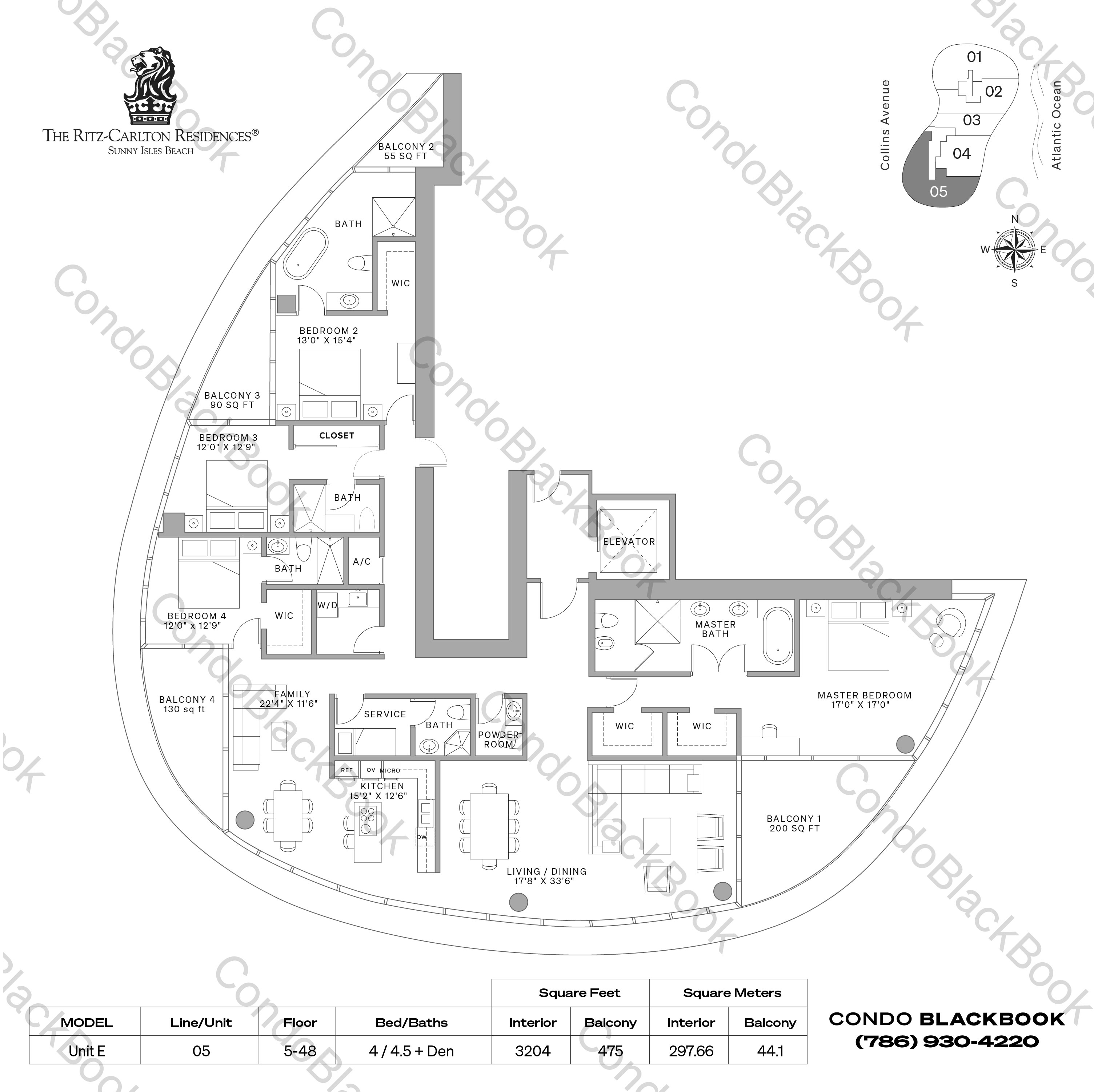Floor plan for Ritz-Carlton Residences Sunny Isles Sunny Isles Beach, model Unit E, line 05, 4 / 4.5 + Den bedrooms, 3204 sq ft