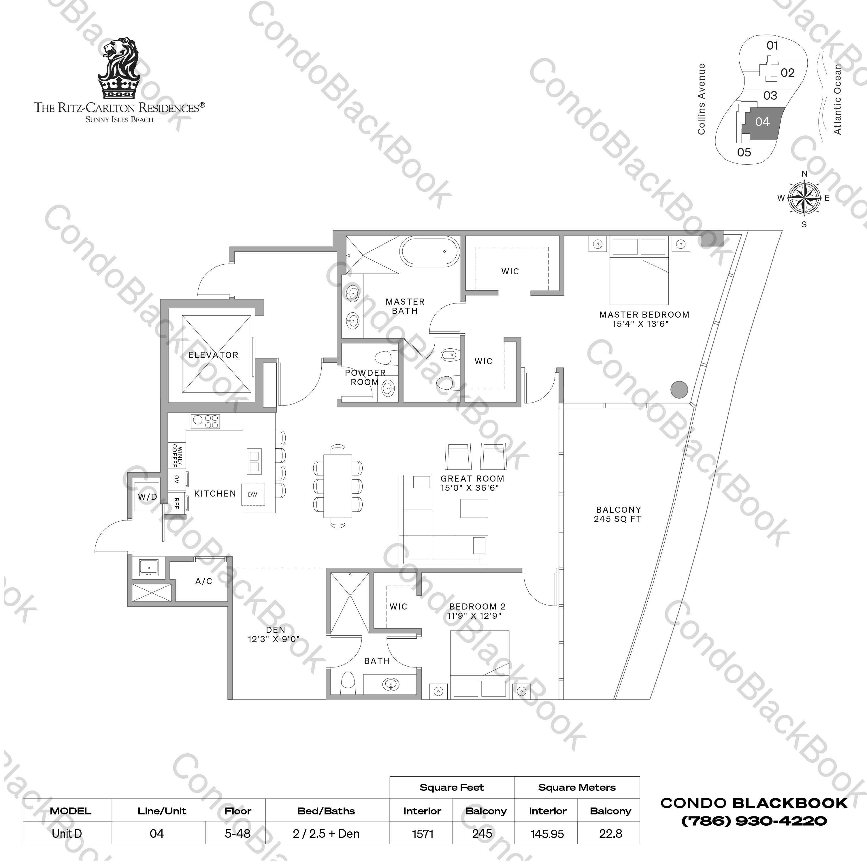 Floor plan for Ritz-Carlton Residences Sunny Isles Sunny Isles Beach, model Unit D, line 04, 2 / 2.5 + Den bedrooms, 1571 sq ft