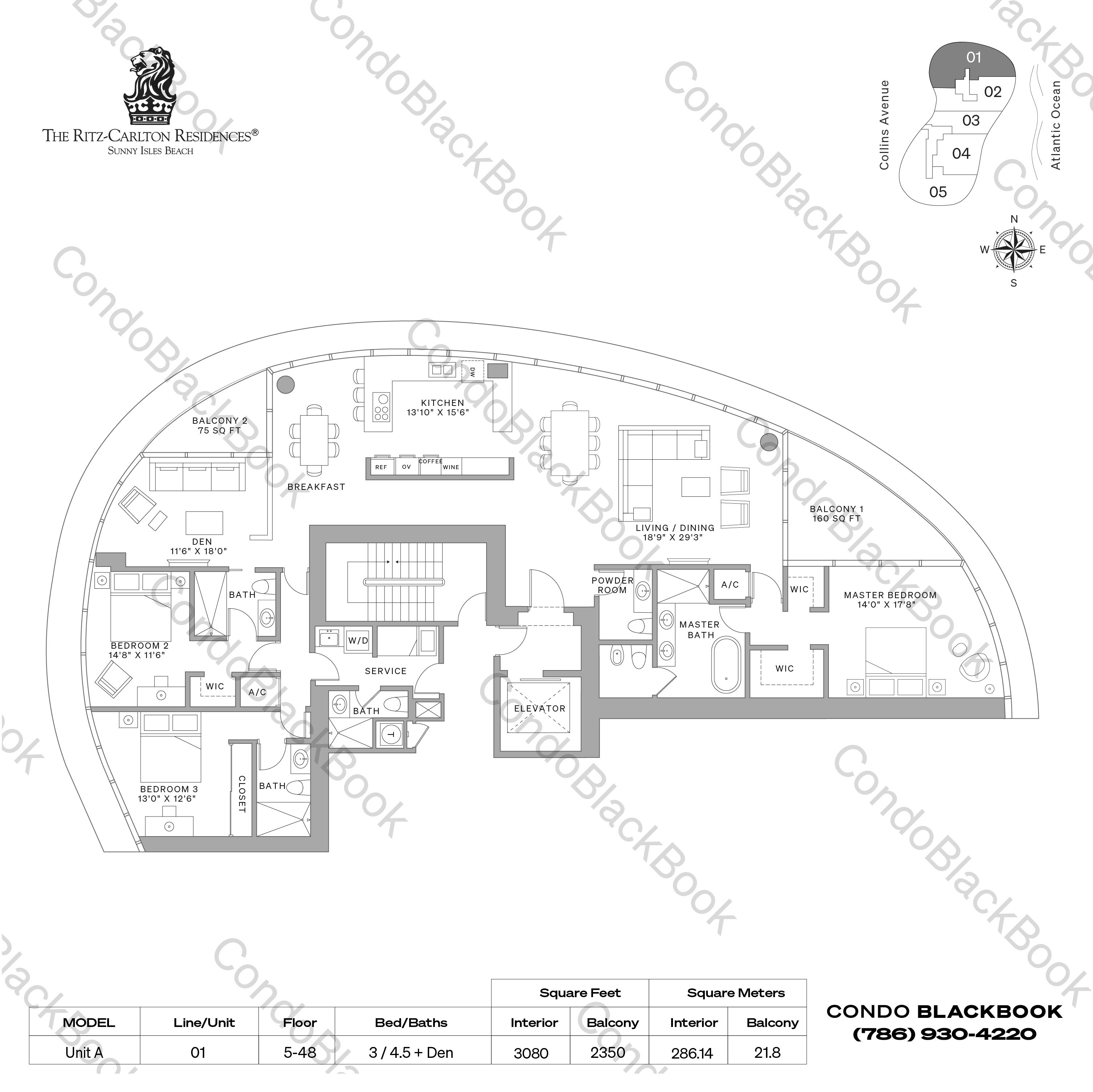 Floor plan for Ritz-Carlton Residences Sunny Isles Sunny Isles Beach, model Unit A, line 01, 3 / 4.5 + Den bedrooms, 3080 sq ft