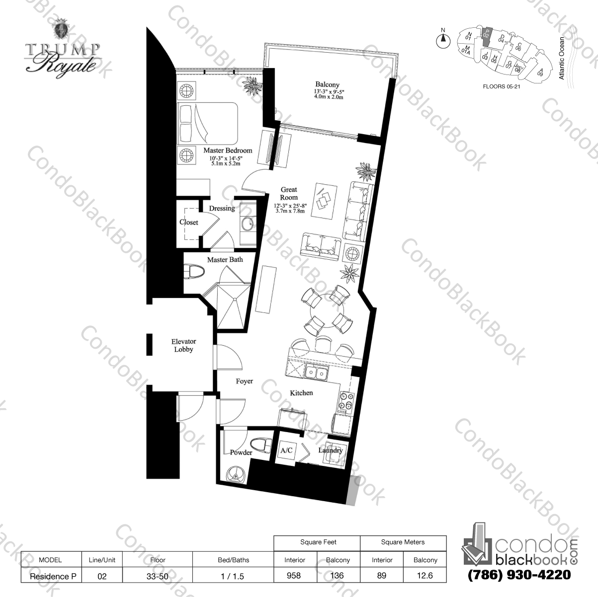 Floor plan for Trump Royale Sunny Isles Beach, model Residence P, line 02, 1 / 1.5 bedrooms, 958 sq ft