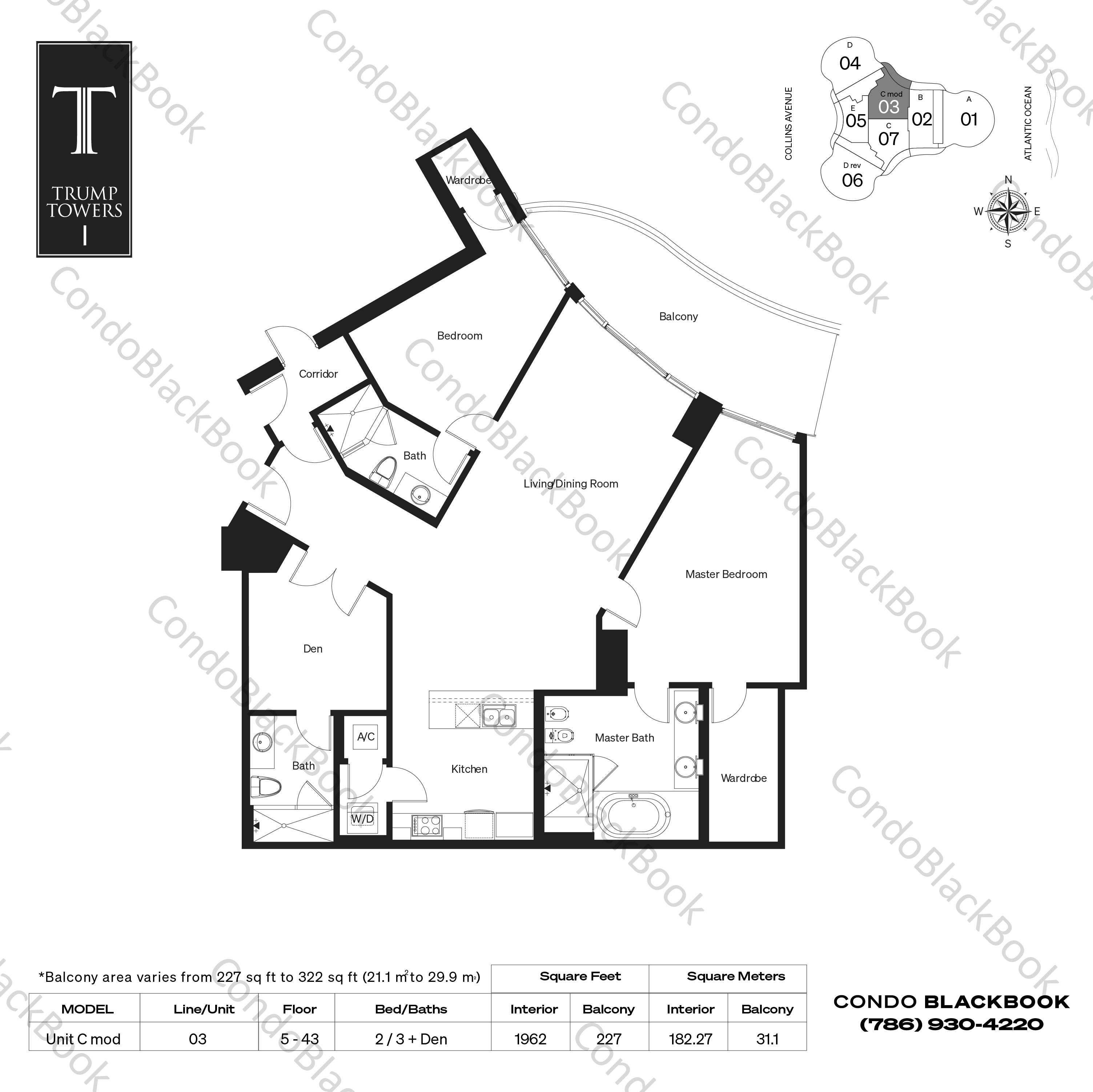 Floor plan for Trump Tower 1 Sunny Isles Beach, model Unit C mod, line 03, 2 / 3 + Den bedrooms, 1962 sq ft