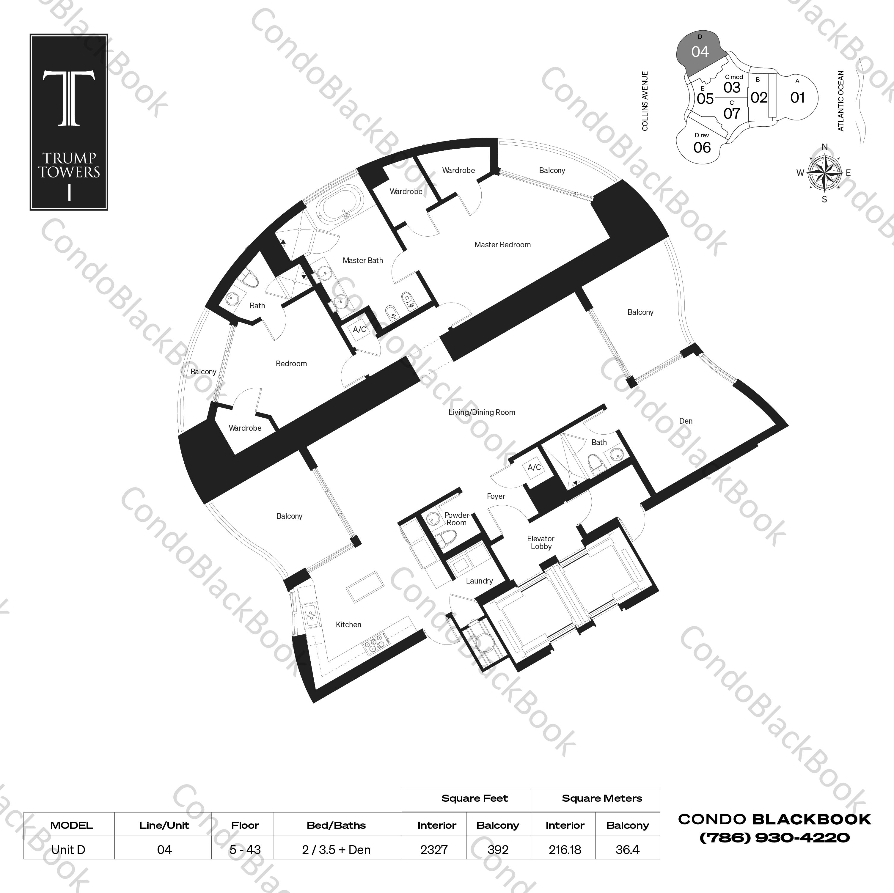 Floor plan for Trump Tower 1 Sunny Isles Beach, model Unit D, line 04, 2 / 3.5 + Den bedrooms, 2327 sq ft