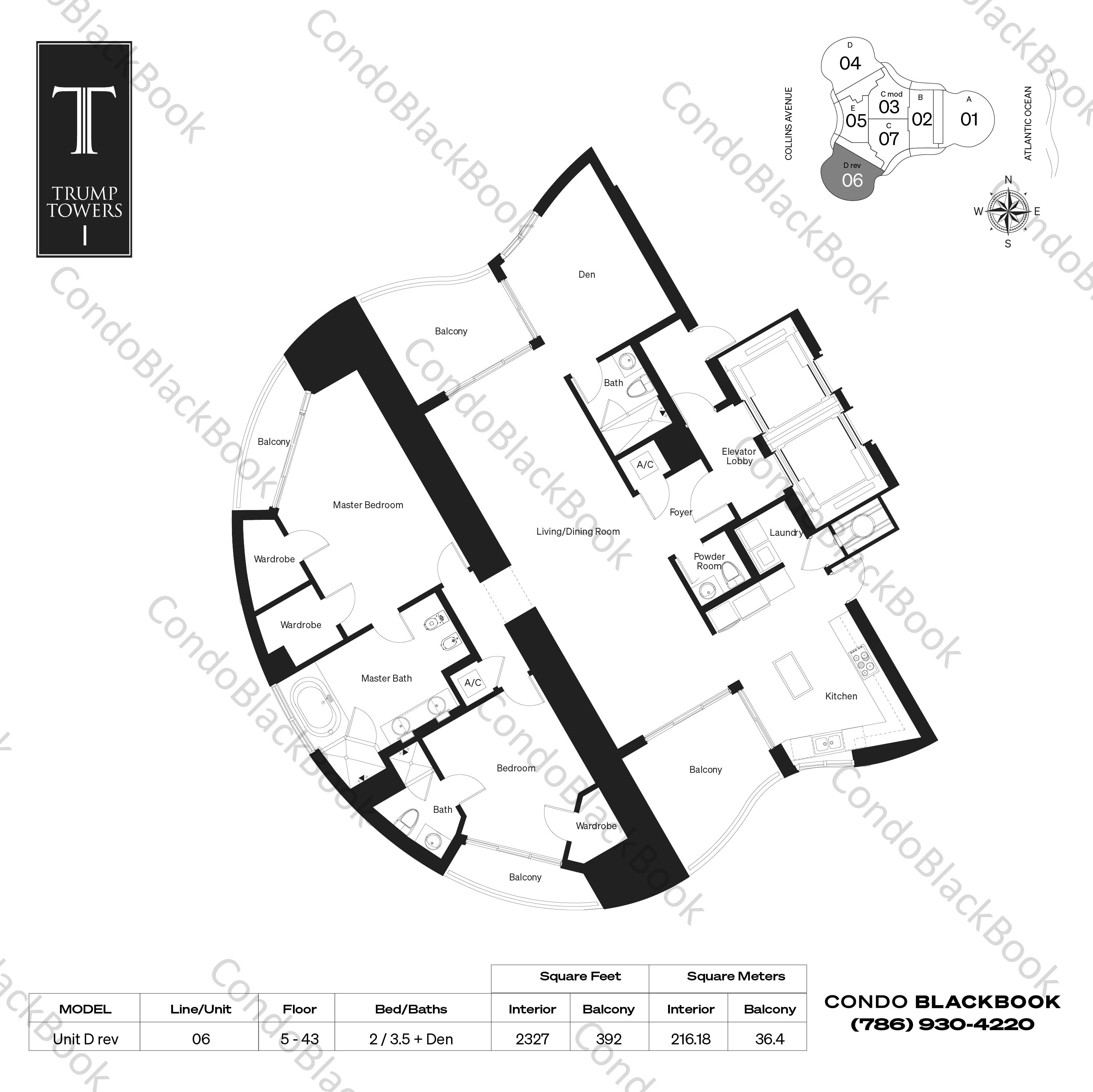 Floor plan for Trump Tower 1 Sunny Isles Beach, model Unit D rev, line 06, 2 / 3.5 + Den bedrooms, 2327 sq ft