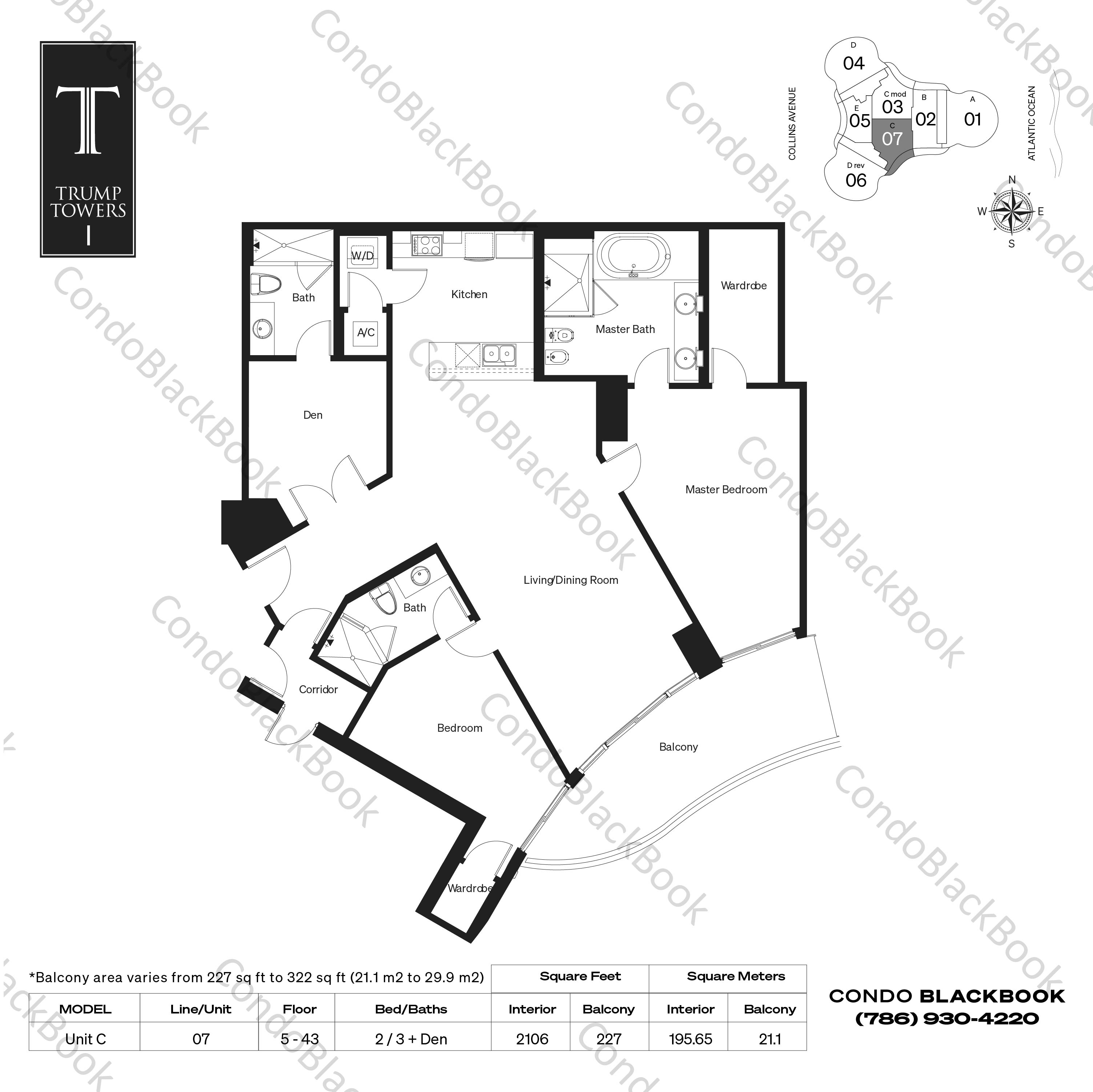 Floor plan for Trump Tower 1 Sunny Isles Beach, model Unit C, line 07, 2 / 3 + Den bedrooms, 2106 sq ft