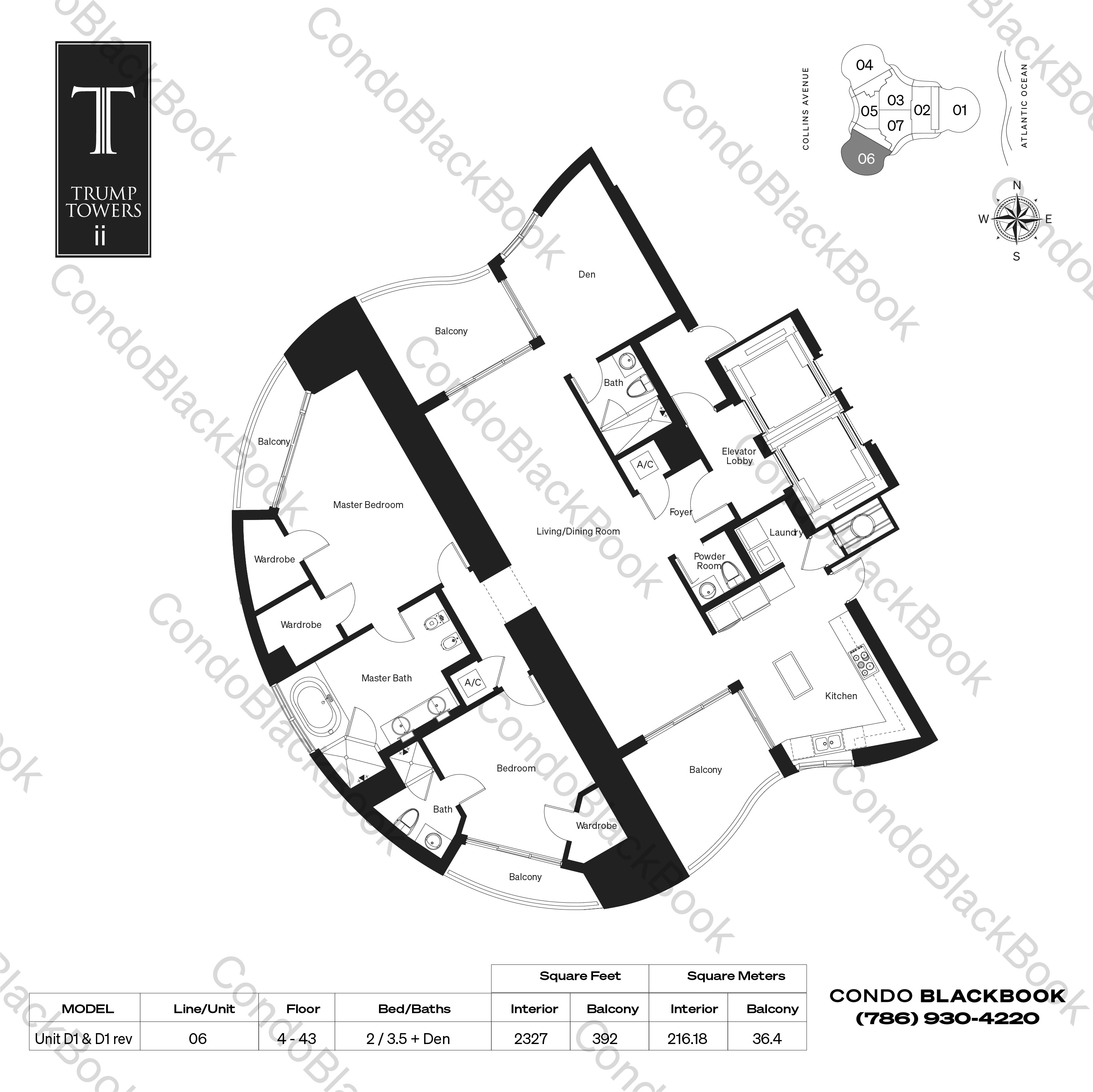 Floor plan for Trump Tower 2 Sunny Isles Beach, model Unit D1 & D1 rev, line 06, 2 / 3.5 + Den bedrooms, 2327 sq ft