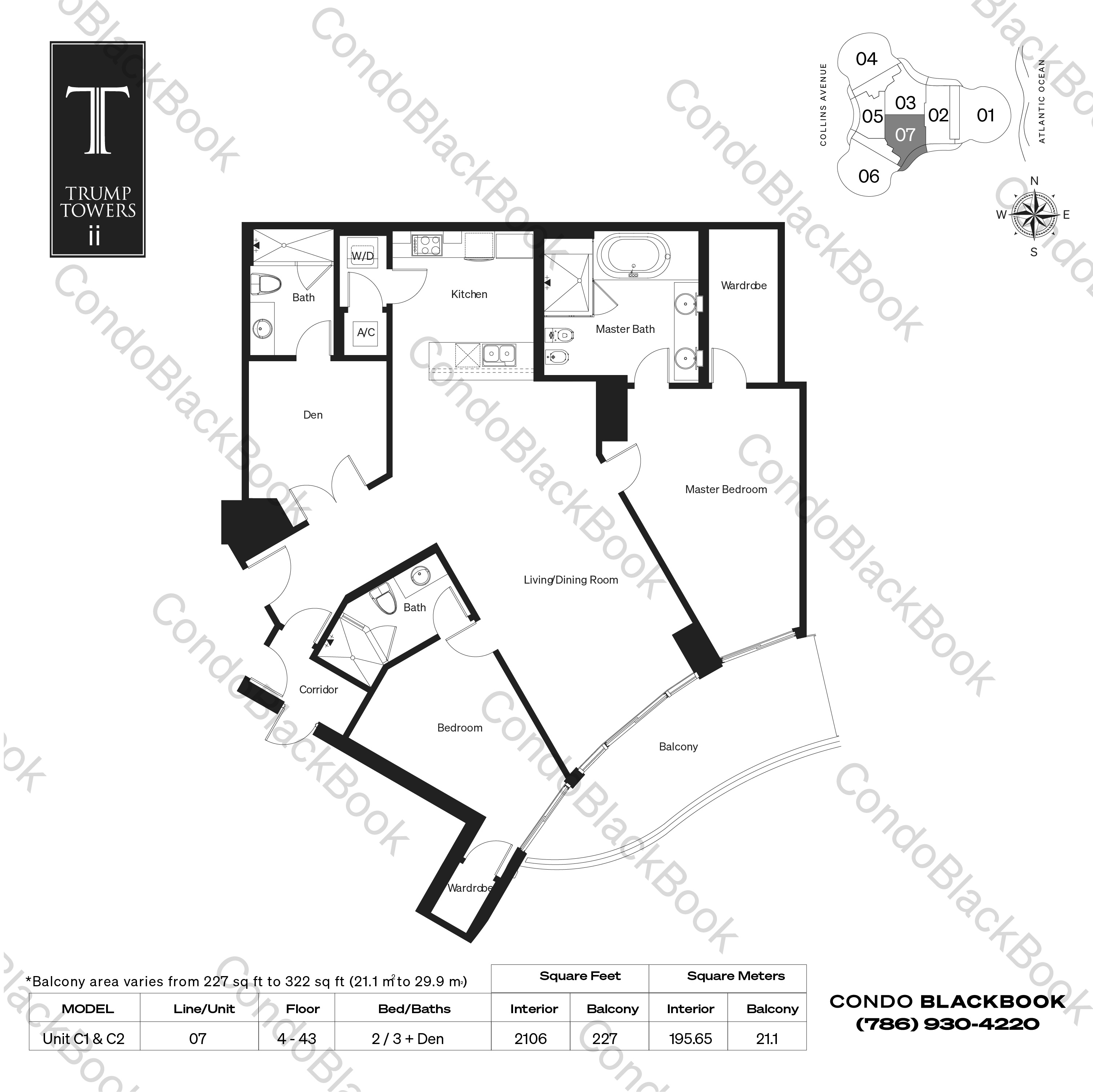 Floor plan for Trump Tower 2 Sunny Isles Beach, model Unit C1 & C2, line 07, 2 / 3 + Den bedrooms, 2106 sq ft