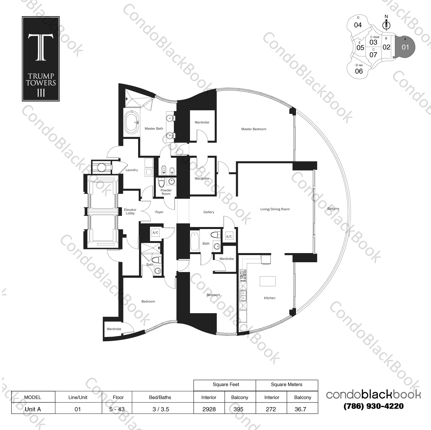 Floor plan for Trump Tower 3 Sunny Isles Beach, model Unit A, line 01, 3 / 3.5 bedrooms, 2928 sq ft