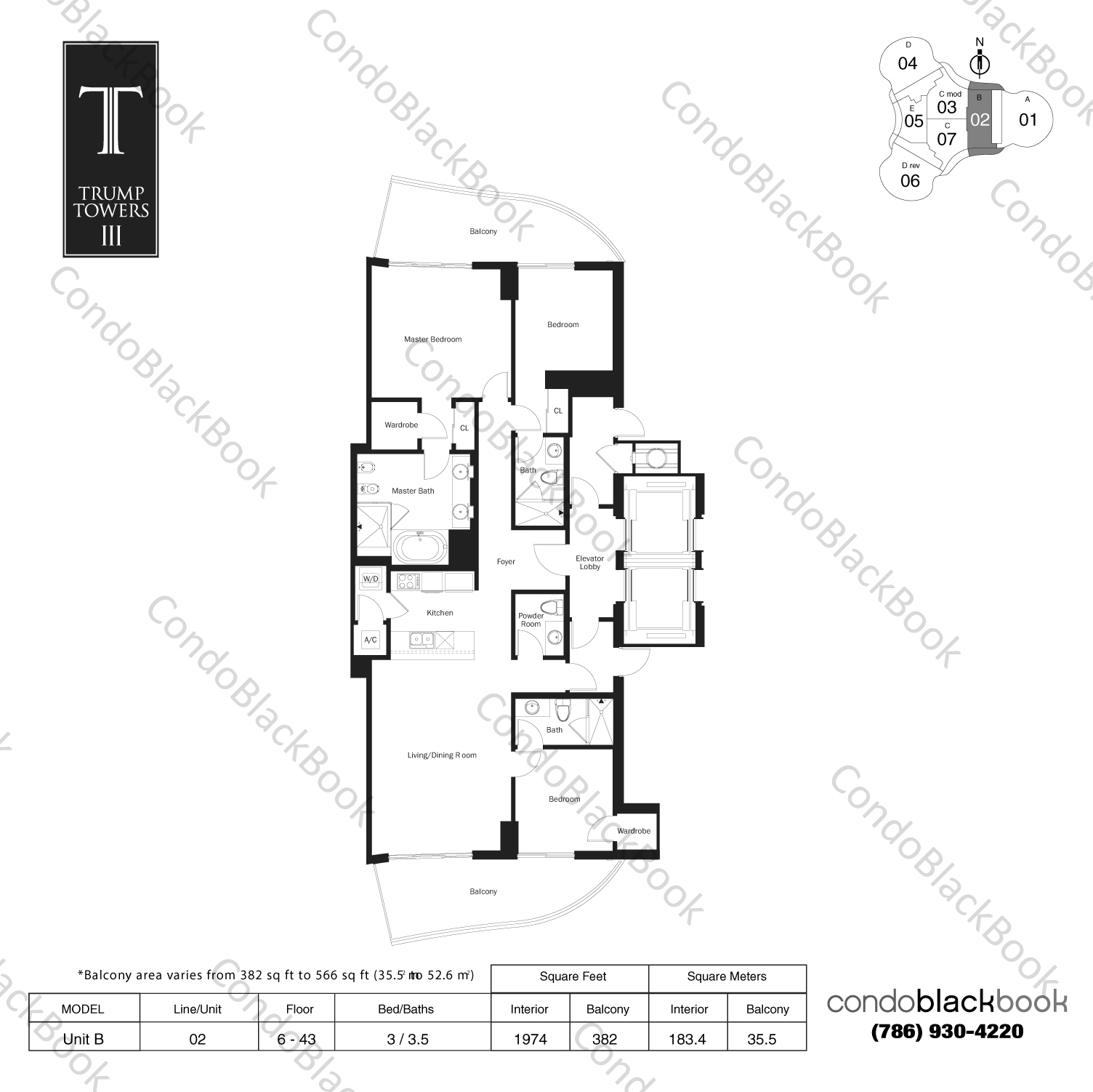 Floor plan for Trump Tower 3 Sunny Isles Beach, model Unit B, line 02, 3 / 3.5 bedrooms, 1974 sq ft