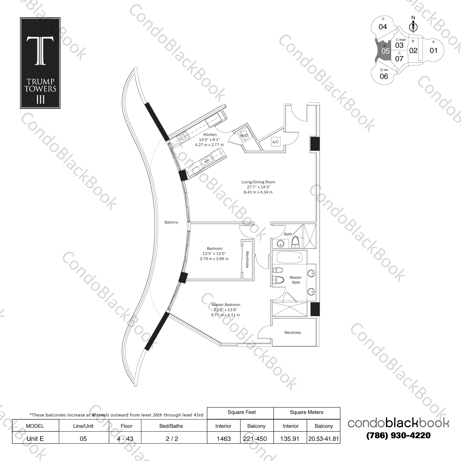 Floor plan for Trump Tower 3 Sunny Isles Beach, model Unit E, line 05, 2 / 2 bedrooms, 1496 sq ft
