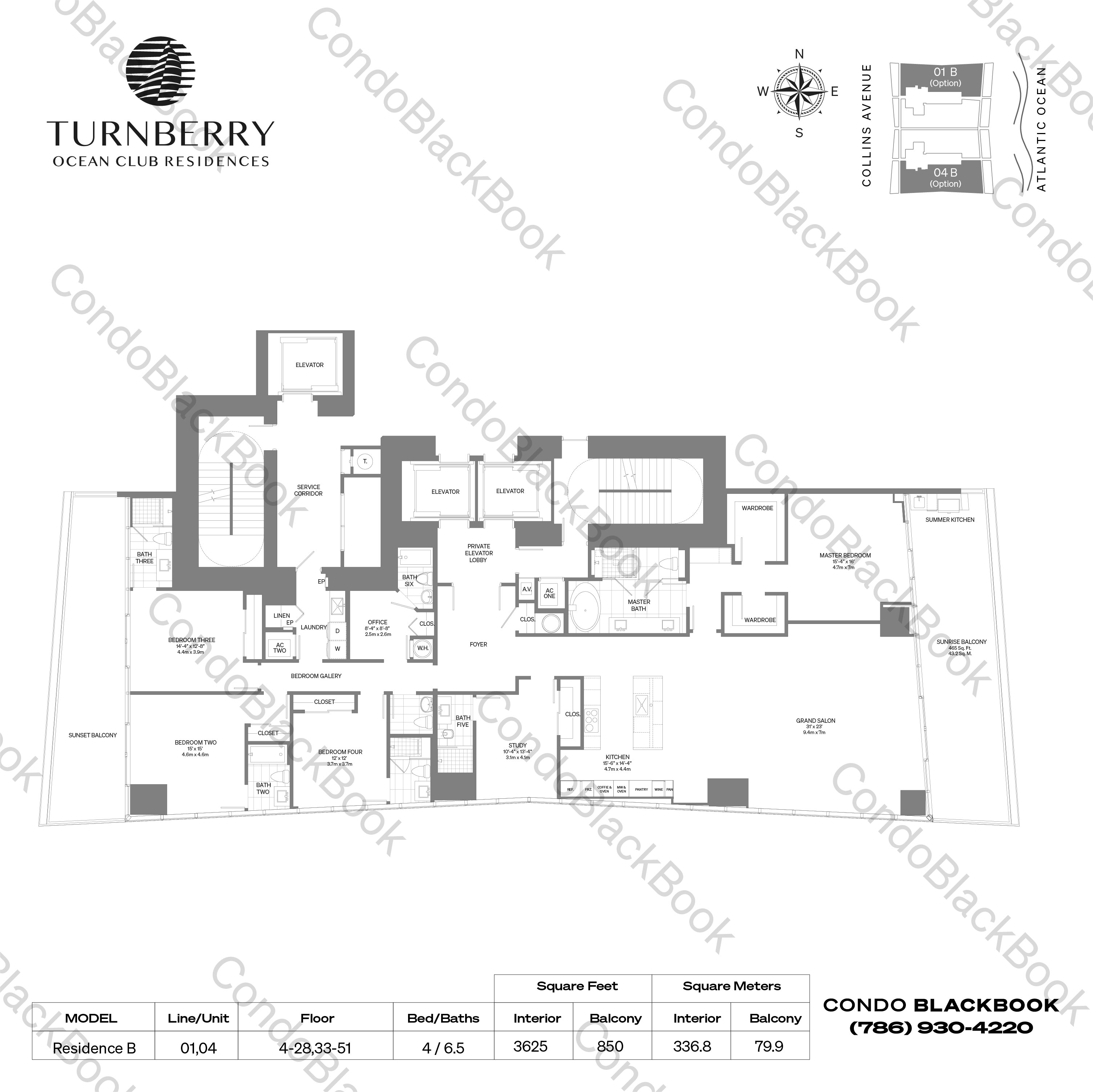 Floor plan for Turnberry Ocean Club Residences Sunny Isles Beach, model Residence B, line 01,04, 4 / 6.5 bedrooms, 3625 sq ft
