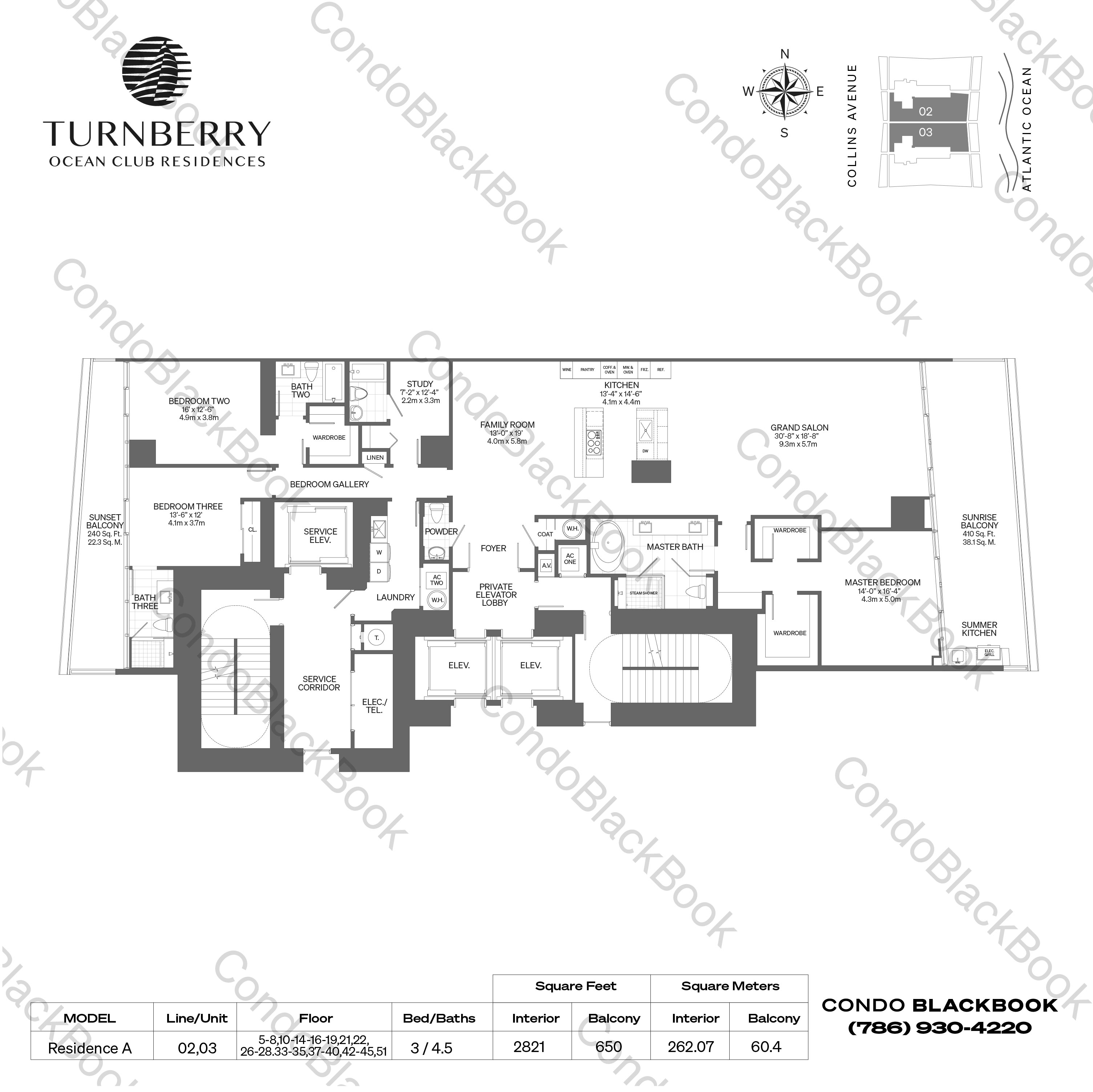 Floor plan for Turnberry Ocean Club Residences Sunny Isles Beach, model Residence A, line 02,03, 3 / 4.5 bedrooms, 2821 sq ft