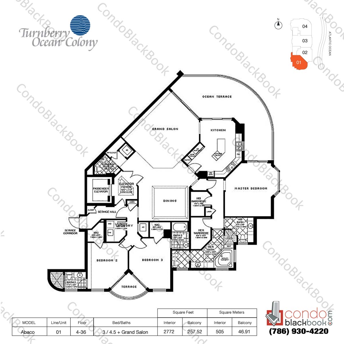 Floor plan for Turnberry Ocean Colony Sunny Isles Beach, model Abaco, line 01, 3 / 4.5 + Grand Salon bedrooms, 2772 sq ft