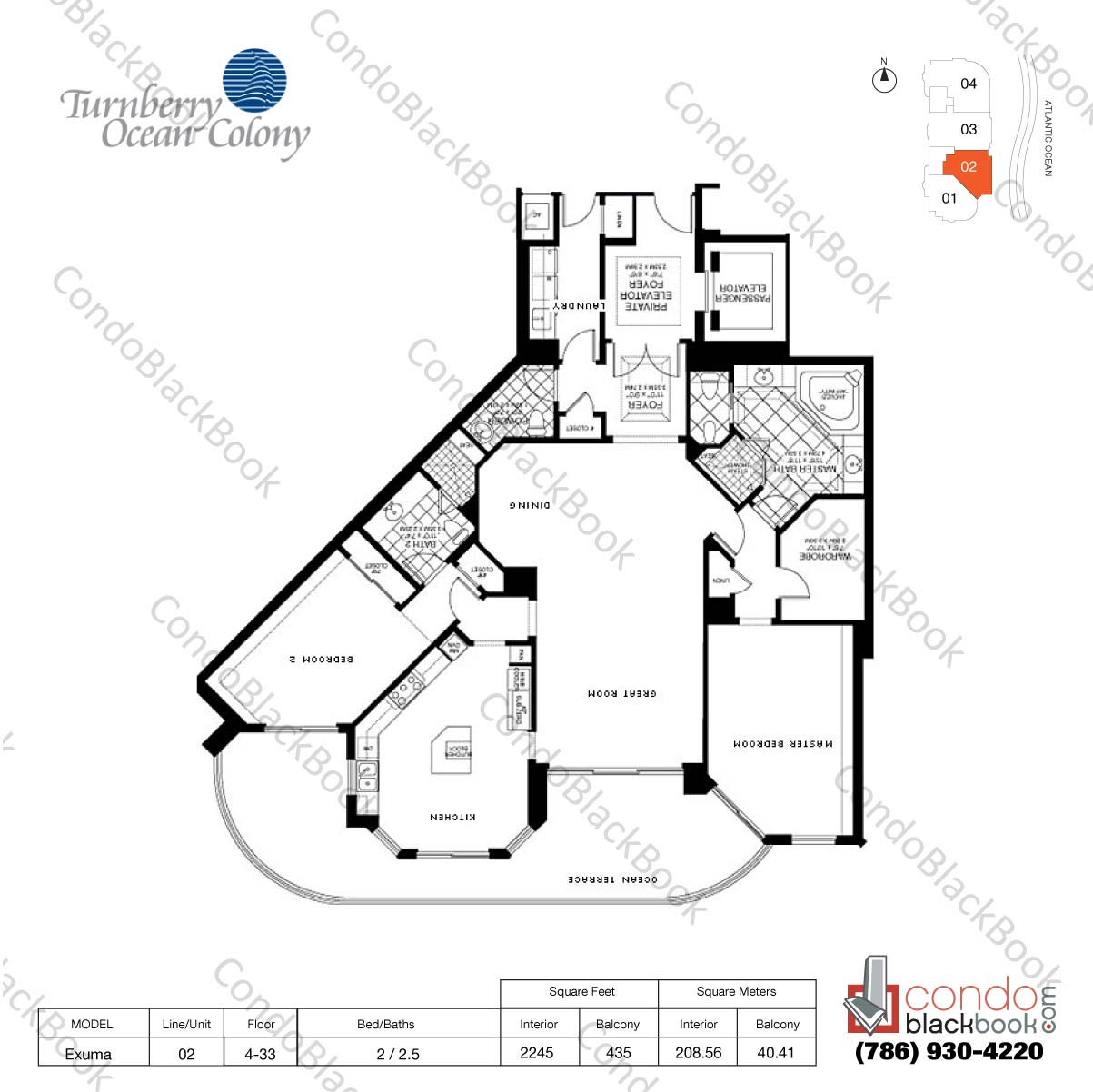 Floor plan for Turnberry Ocean Colony Sunny Isles Beach, model Exuma, line 02, 2 / 2.5 bedrooms, 2245 sq ft
