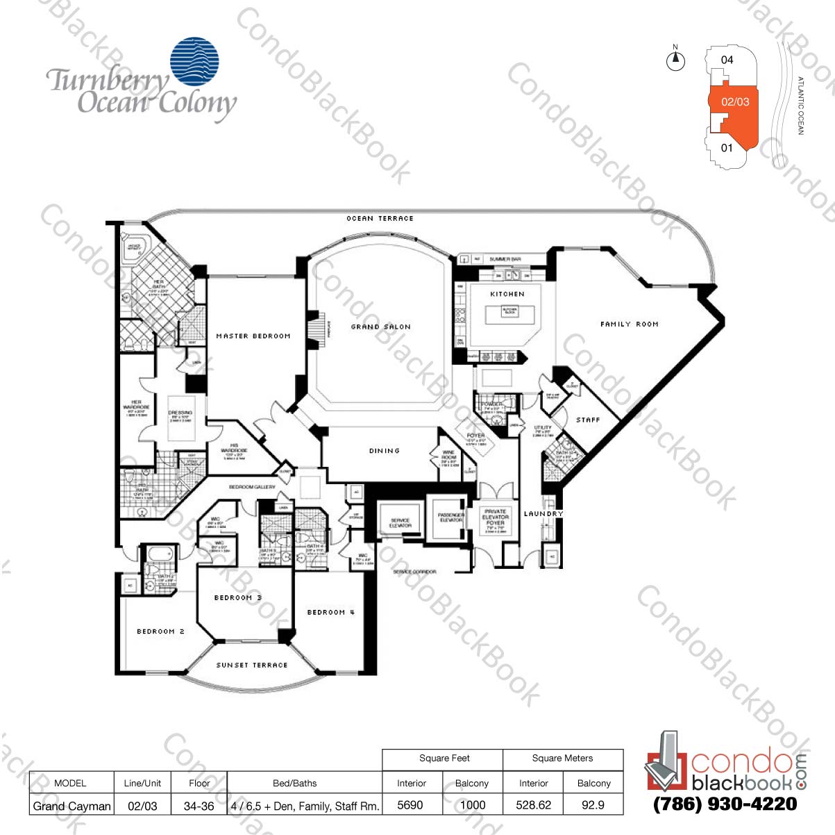 Floor plan for Turnberry Ocean Colony Sunny Isles Beach, model Grand Cayman, line 02/03, 4 / 6.5+ Den, Family Rm., Staff Rm. bedrooms, 5690 sq ft