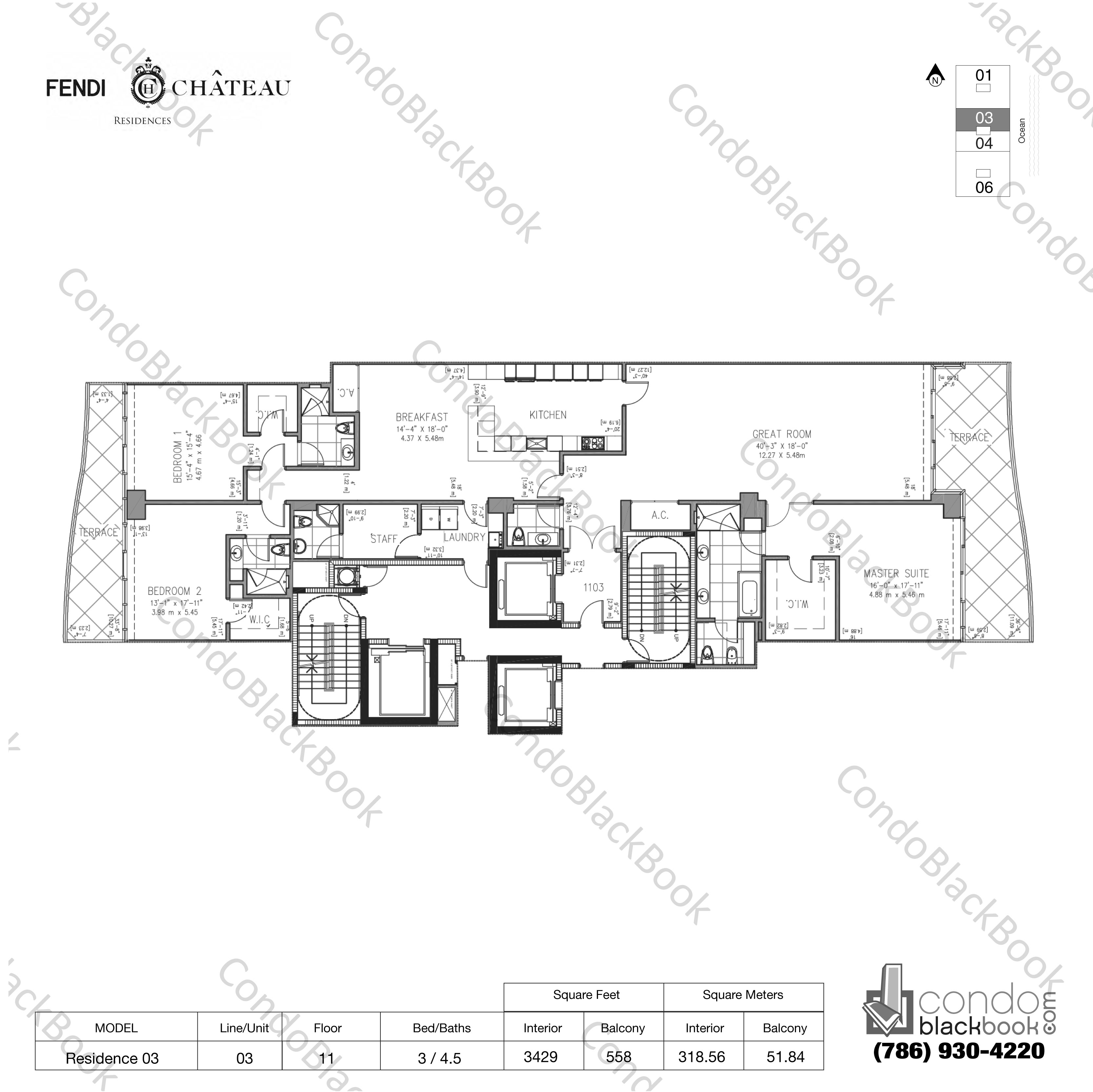 Floor plan for Fendi Chateau Residences Surfside, model Residence 03, line 03, 3 / 4.5 bedrooms, 3429 sq ft