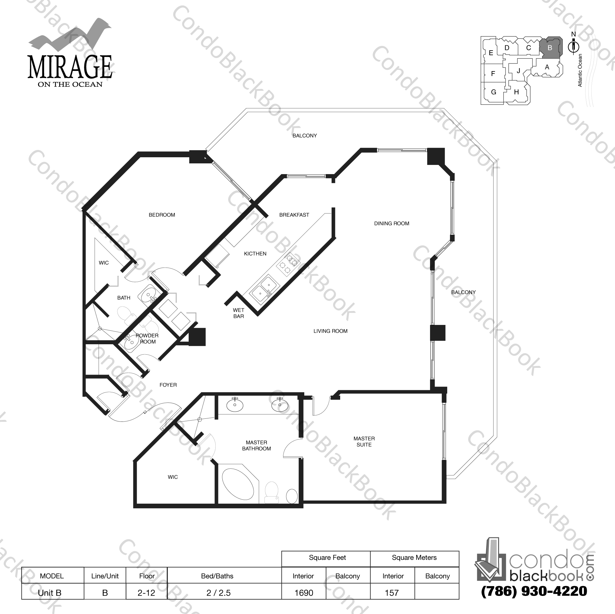 Floor plan for Mirage Surfside, model Unit B, line B, 2 / 2.5 bedrooms, 1690 sq ft