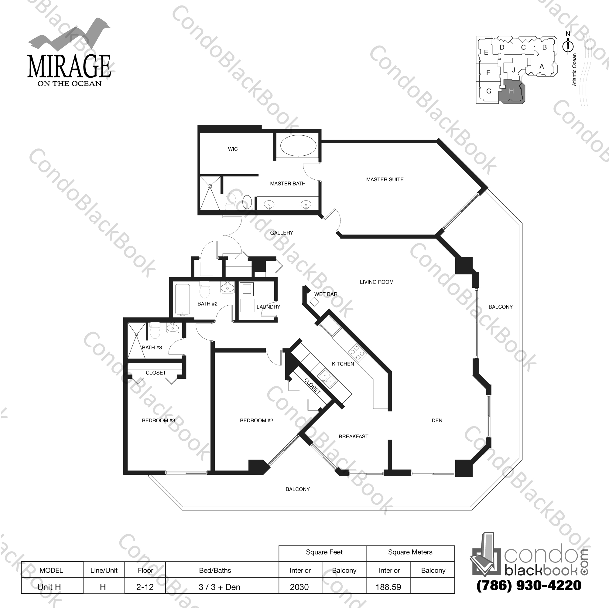 Floor plan for Mirage Surfside, model Unit H, line H, 3 / 3 + Den bedrooms, 2030 sq ft