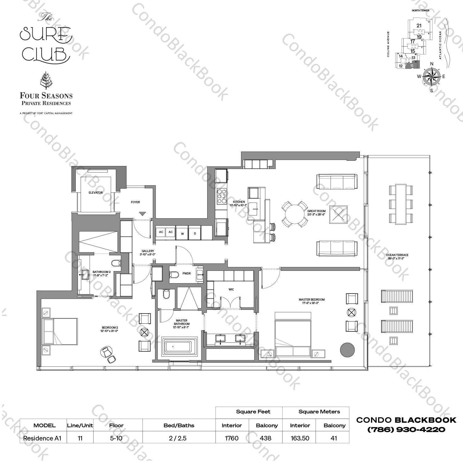 Floor plan for The Surf Club Four Seasons Hotel And Residences Surfside, model Residence A1, line 11, 2 / 2.5 bedrooms, 1760 sq ft