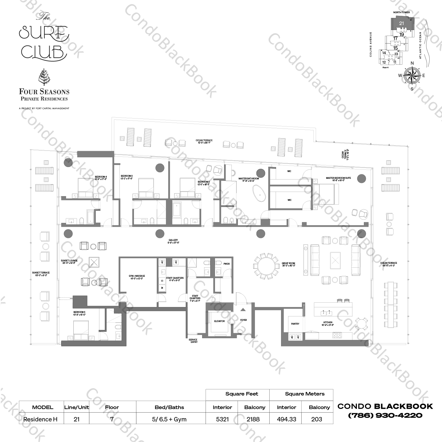 Floor plan for The Surf Club Four Seasons Hotel And Residences Surfside, model Residence H, line 21, 5 / 6.5 + Gym bedrooms, 5321 sq ft