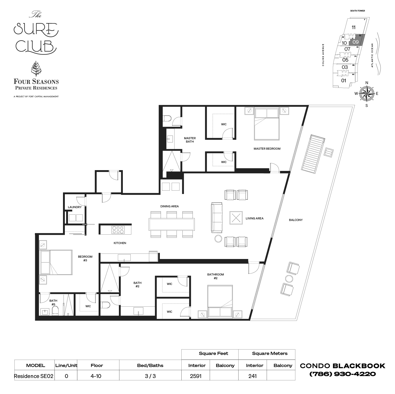 Floor plan for The Surf Club Four Seasons Hotel And Residences Surfside, model Residence SE02, line 09, 3 / 3 bedrooms, 2591 sq ft