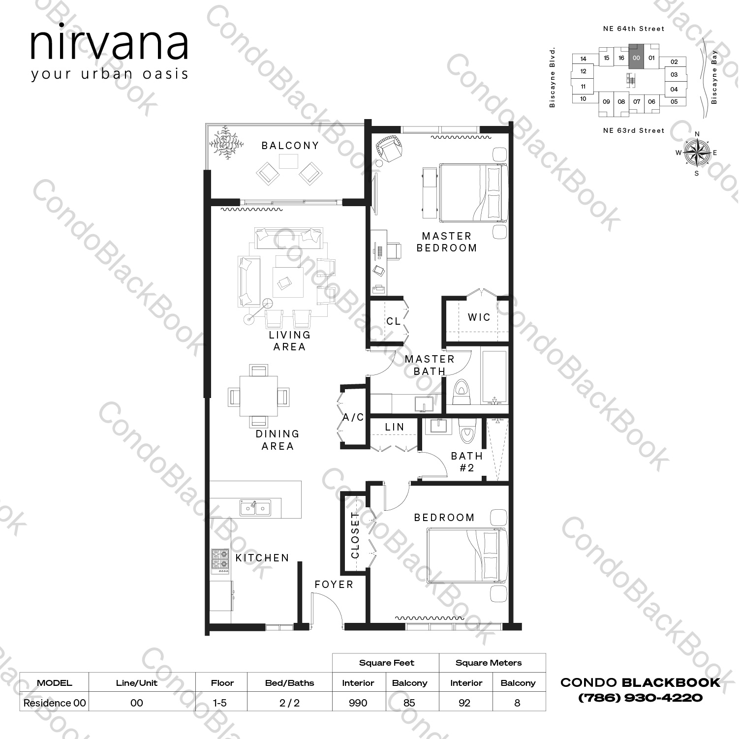 Floor plan for Nirvana 1 Upper East Side Miami, model Residence 00, line 00, 2 / 2 bedrooms, 990 sq ft