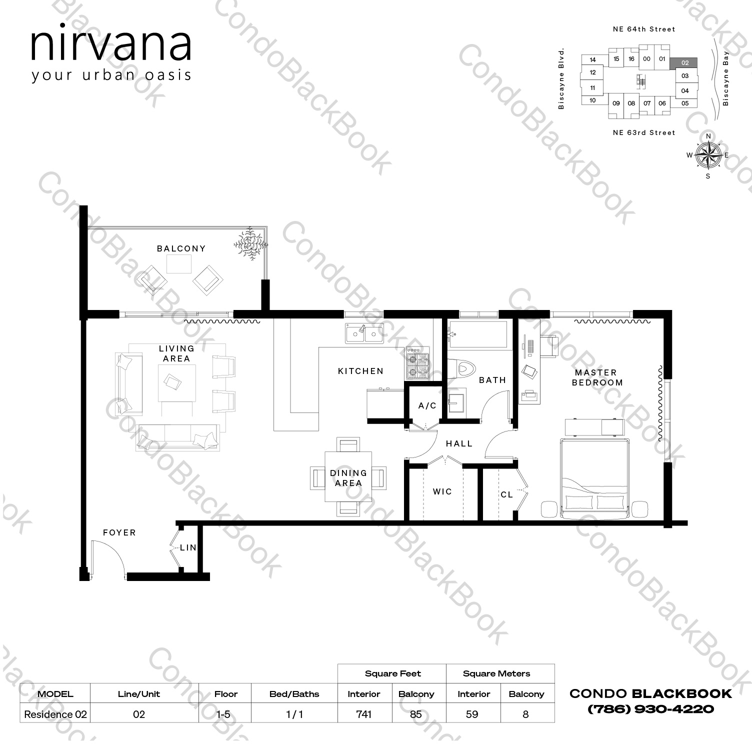 Floor plan for Nirvana 1 Upper East Side Miami, model Residence 02, line 02, 1 / 1 bedrooms, 741 sq ft