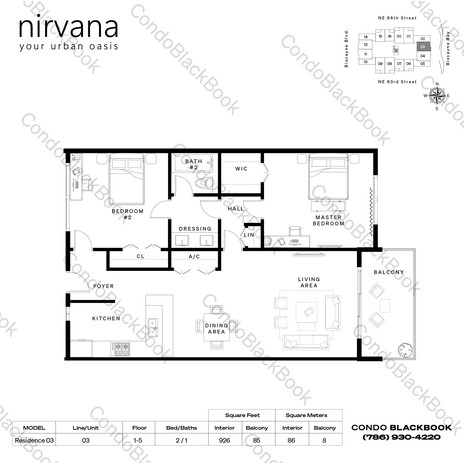 Floor plan for Nirvana 1 Upper East Side Miami, model Residence 03, line 03, 2 / 1 bedrooms, 926 sq ft