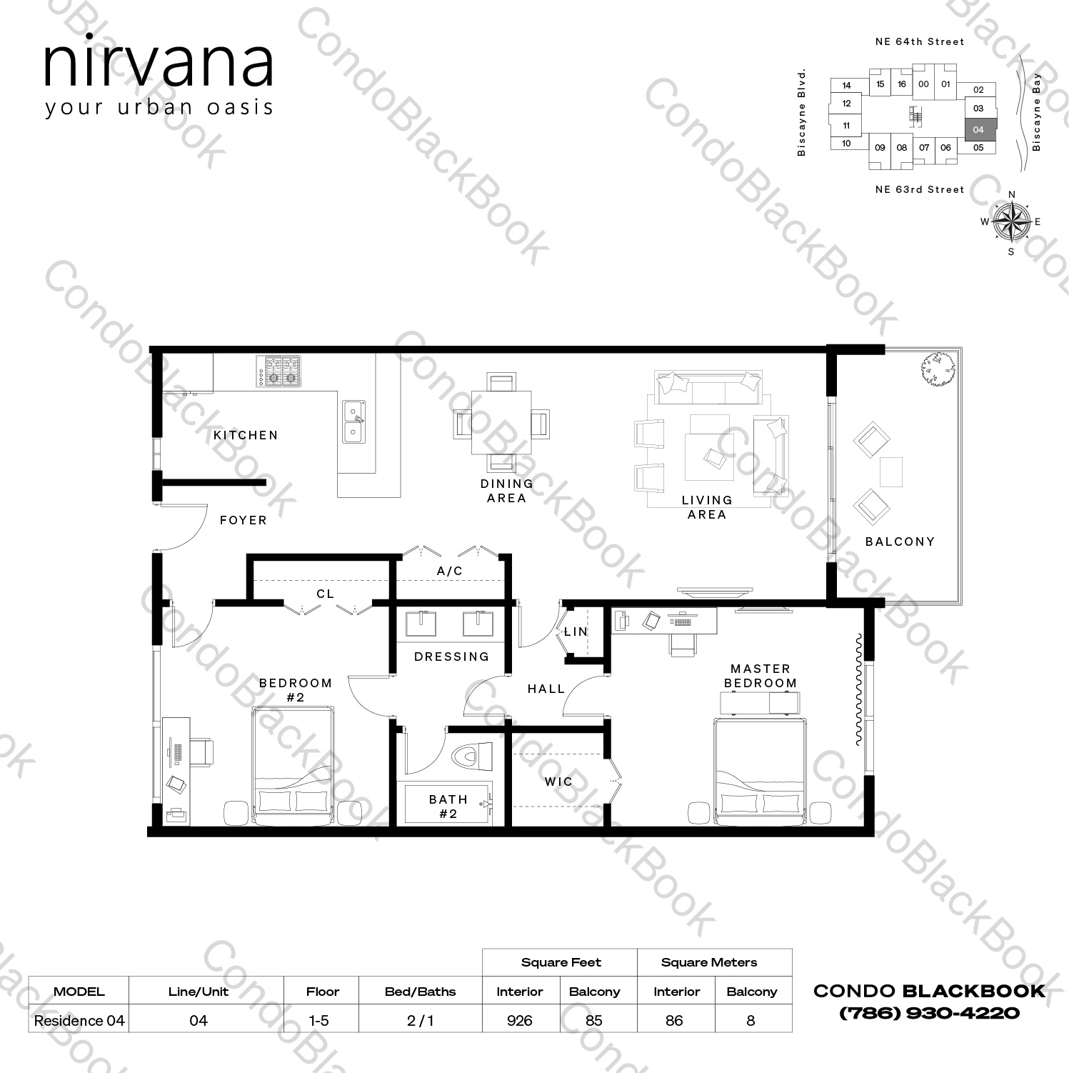 Floor plan for Nirvana 1 Upper East Side Miami, model Residence 04, line 04, 2 / 1 bedrooms, 926 sq ft