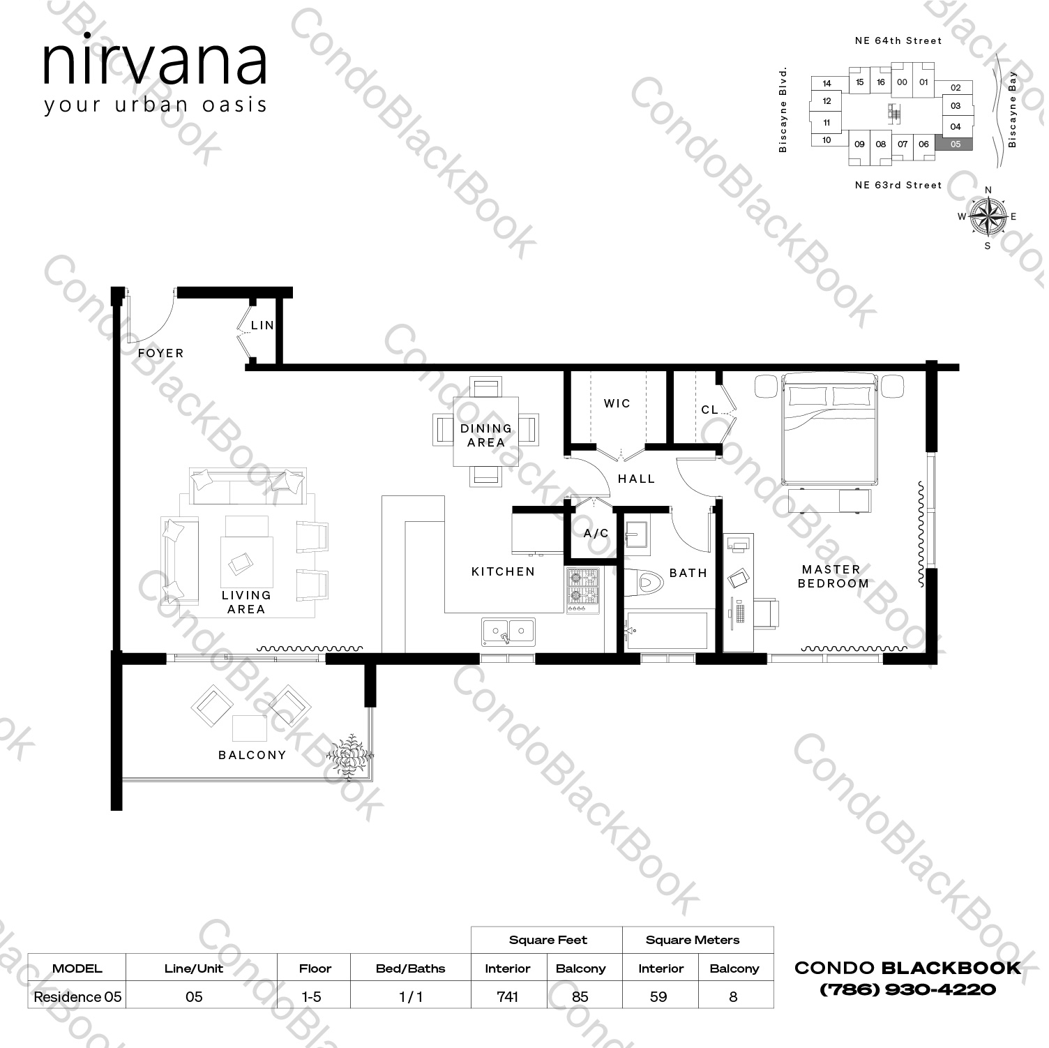 Floor plan for Nirvana 1 Upper East Side Miami, model Residence 05, line 05, 1 / 1 bedrooms, 741 sq ft