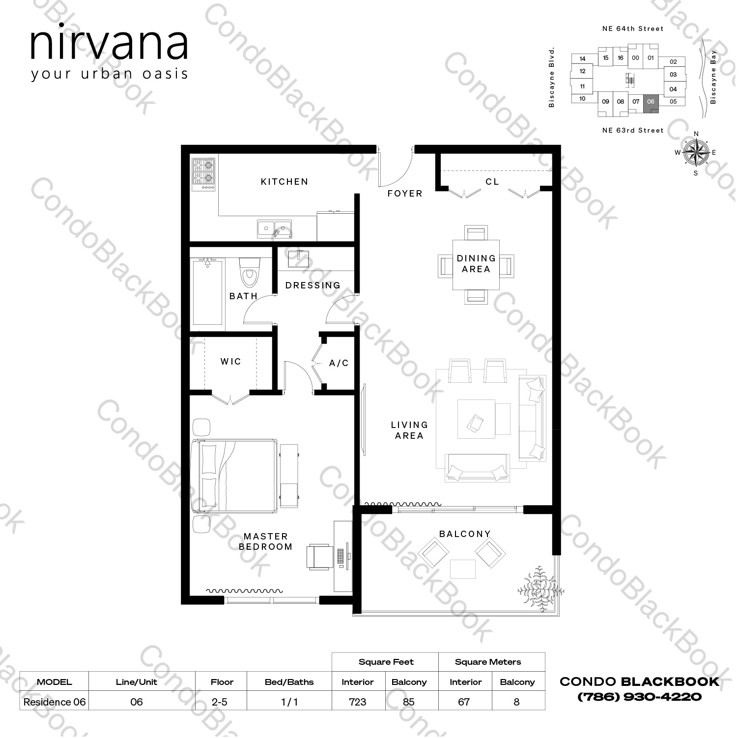 Floor plan for Nirvana 1 Upper East Side Miami, model Residence 06, line 06, 1 / 1 bedrooms, 723 sq ft