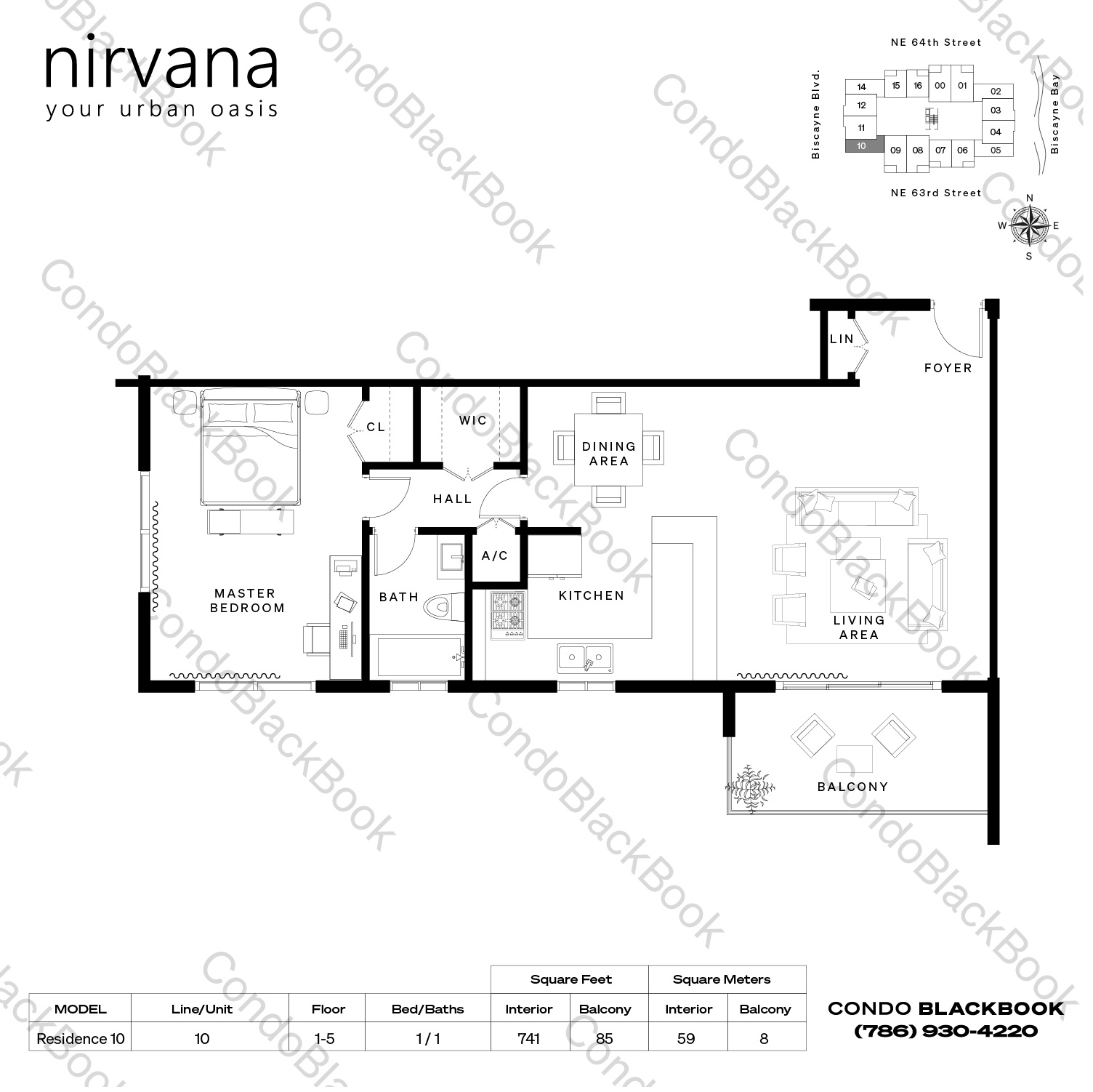Floor plan for Nirvana 1 Upper East Side Miami, model Residence 10, line 10, 1 / 1 bedrooms, 741 sq ft