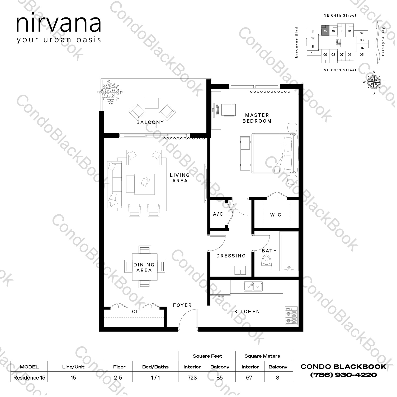 Floor plan for Nirvana 1 Upper East Side Miami, model Residence 15, line 15, 1 / 1 bedrooms, 723 sq ft