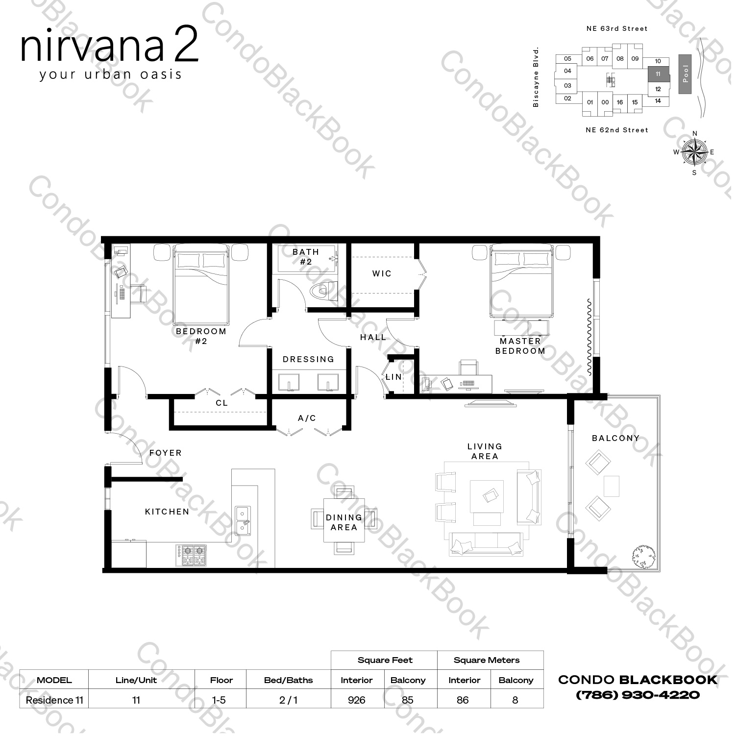 Floor plan for Nirvana 2 Upper East Side Miami, model Residence 11, line 11, 2 / 1 bedrooms, 926 sq ft