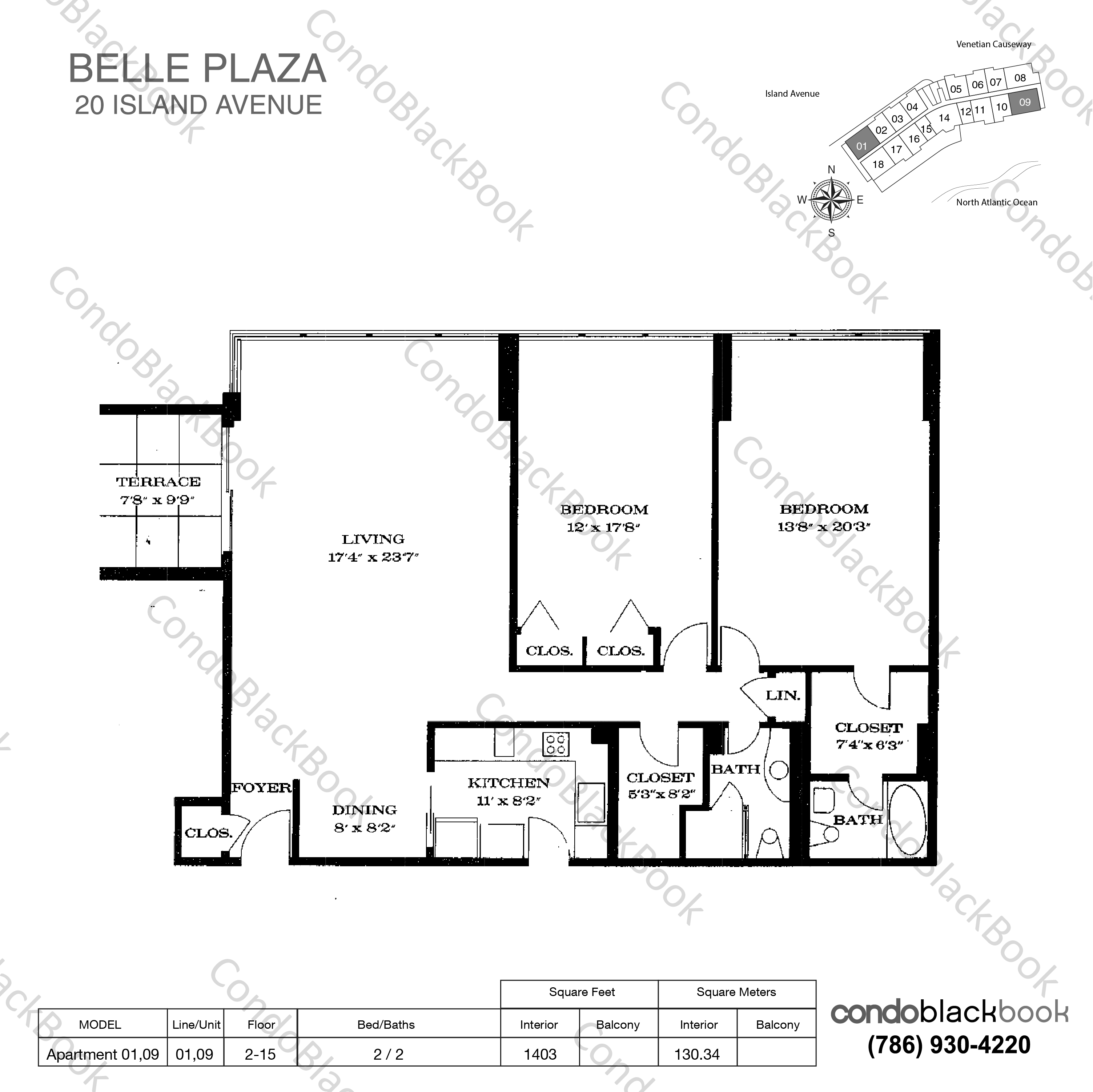 Floor plan for Belle Plaza Venetian Islands Miami Beach, model Apartment 01,09, line 01,09, 2 / 2 bedrooms, 1403 sq ft